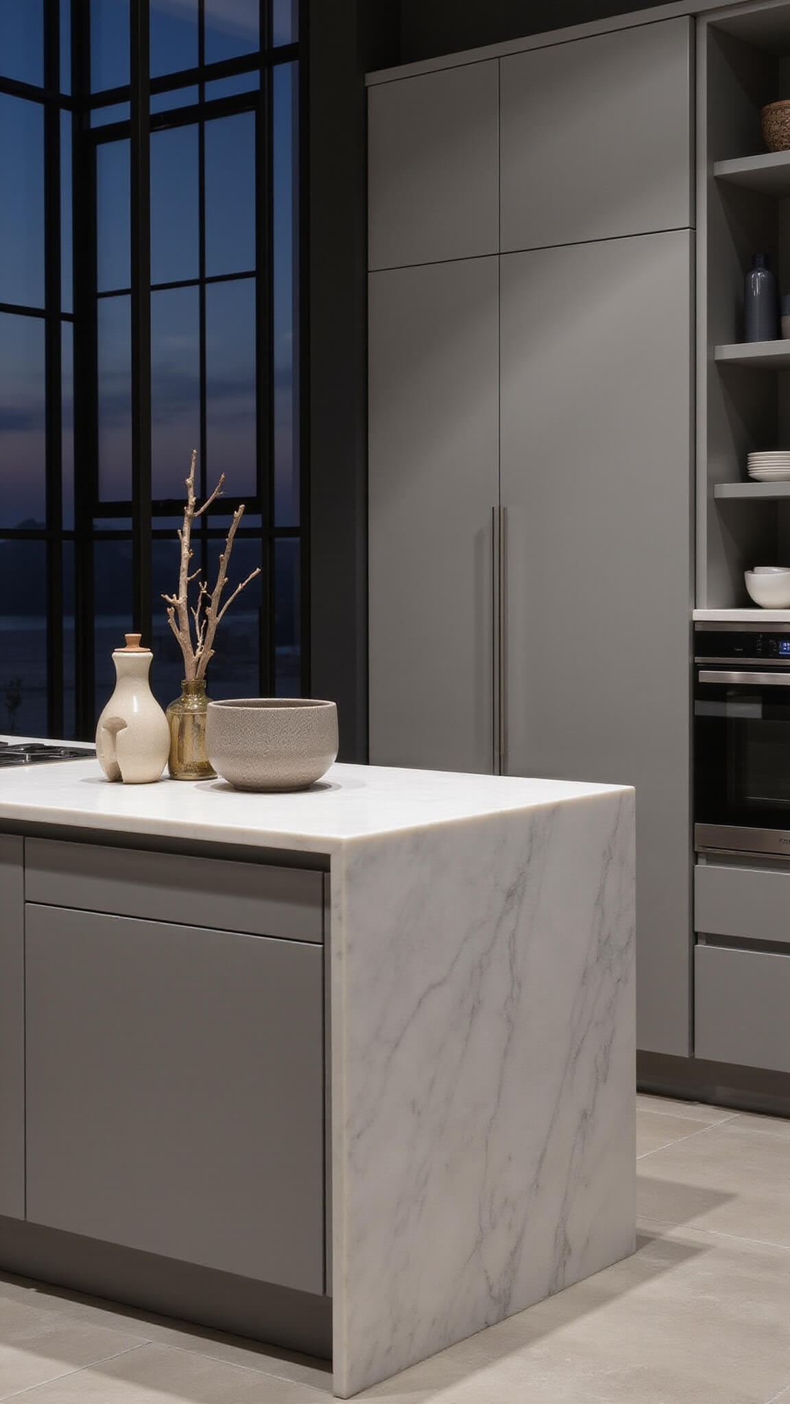 Modern 14x16ft twilight kitchen with dove gray handleless cabinets, white quartzite waterfall island, black steel-framed windows, geometric ceramics, sculptural branches, and layered lighting accents.