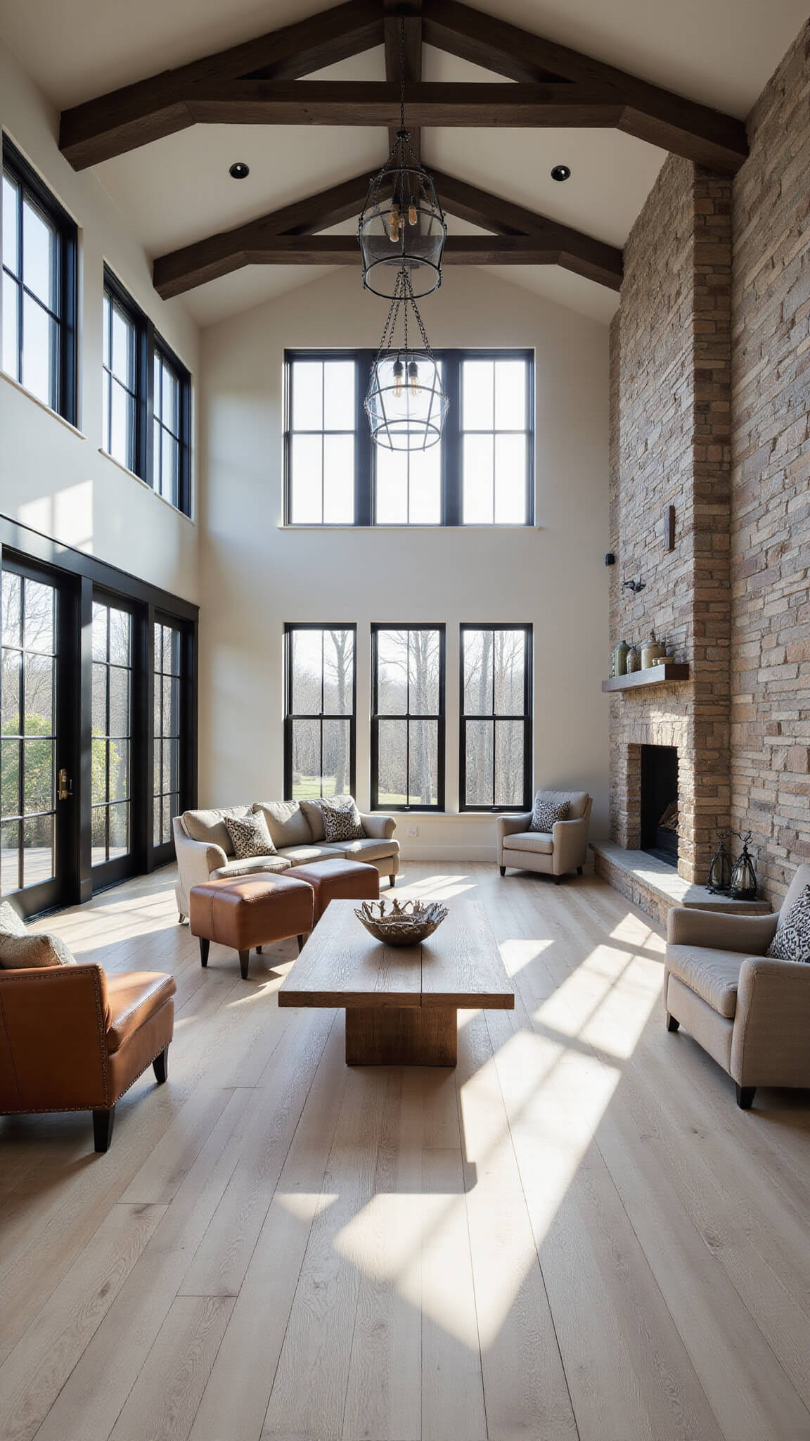 Modern farmhouse great room with vaulted ceilings, dark wooden beams, stone fireplace, and sunlit whitewashed oak floors.