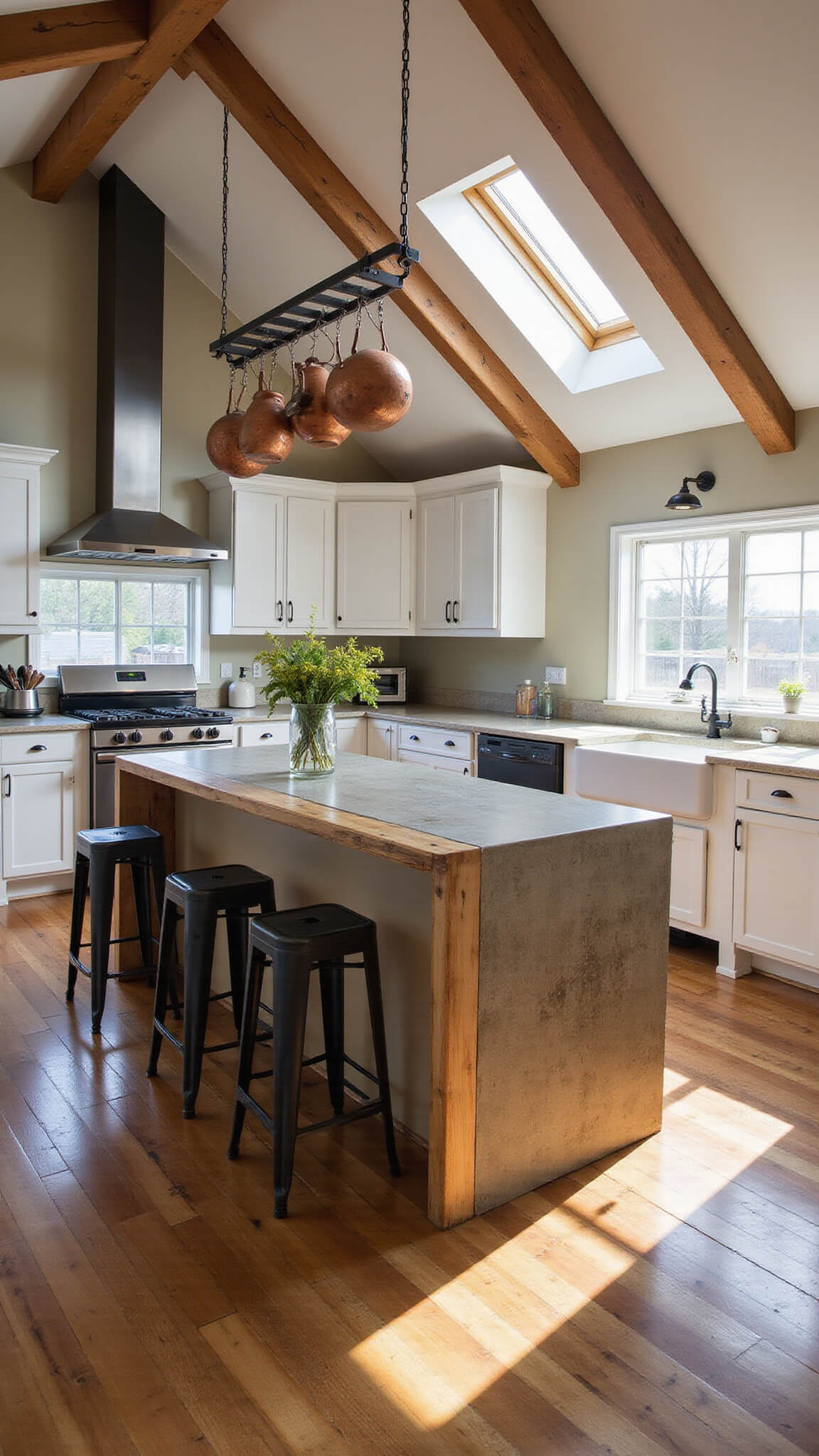 Golden hour barn house kitchen with white shaker cabinets, reclaimed wood island, concrete waterfall countertop, matte black fixtures, industrial barstools, vintage copper pots, and dramatic natural light from clerestory windows.