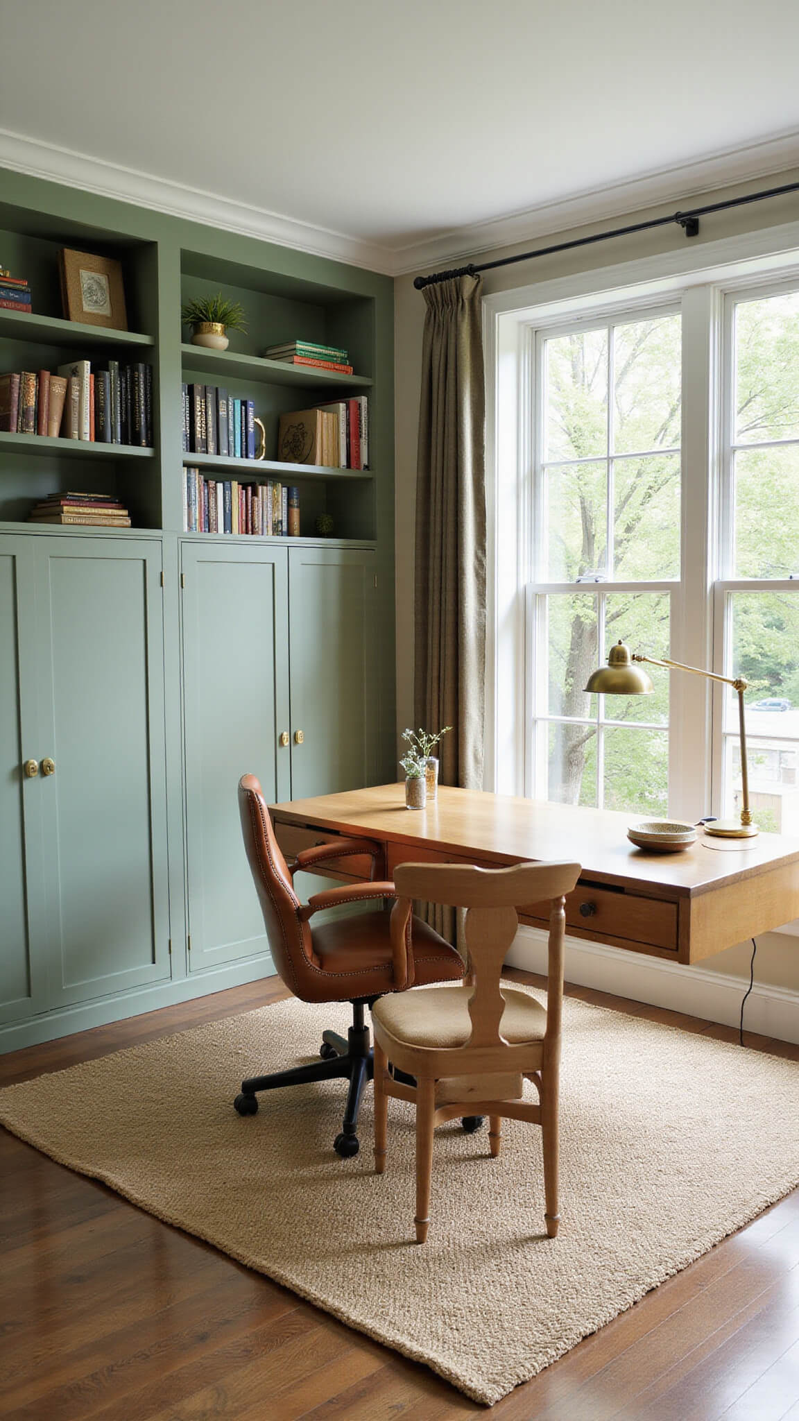 Multi-functional 12x14ft home office with sage green built-in bookshelves, white Murphy bed, floating desk facing windows, brass lighting, leather chair, and sisal rug in soft morning light.