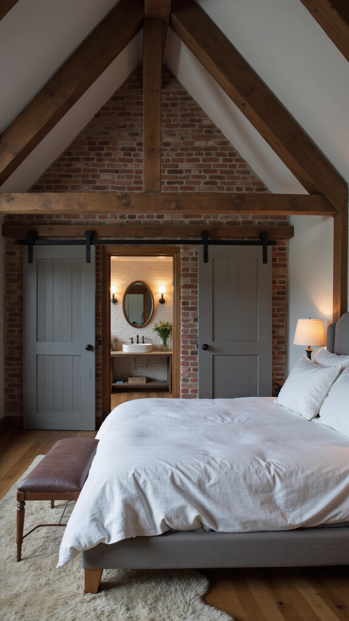 Loft-style primary bedroom with exposed wooden trusses, king bed in rumpled linens, industrial sconces on brick walls, sheepskin rugs on wide-plank floors, and sliding gray barn doors at dusk.