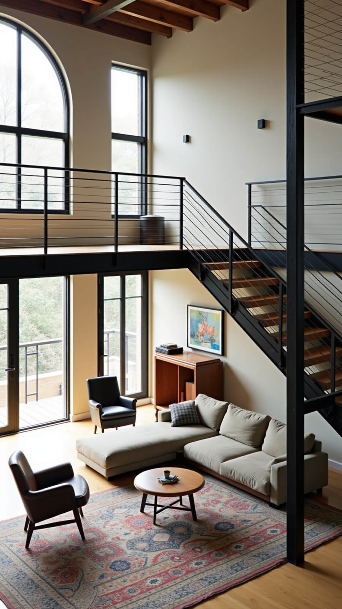View from second floor of double-height living area with black steel staircase, arched windows, modern sectional, vintage leather chairs, and layered rugs in industrial modern style.