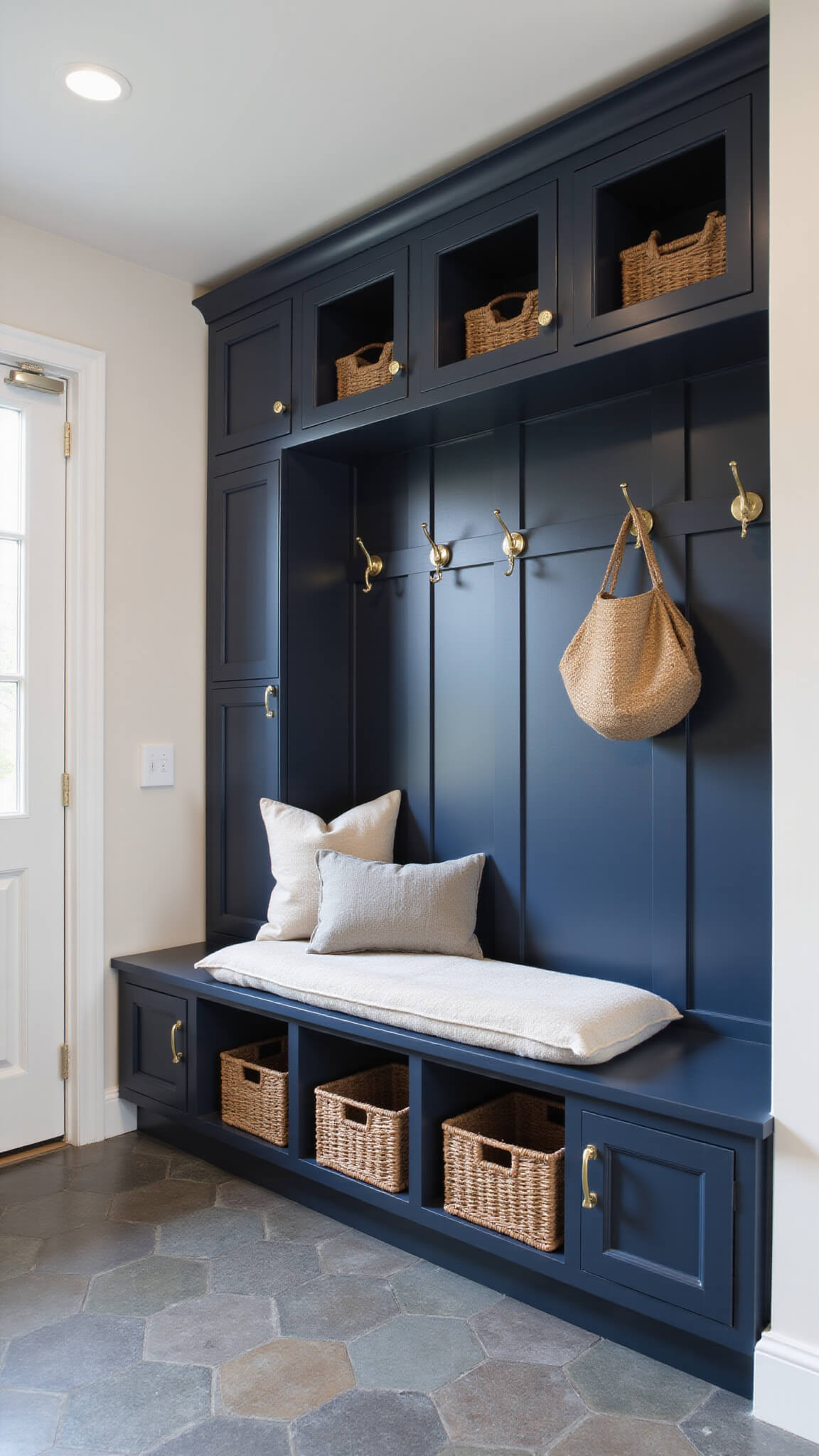 Navy mudroom with floor-to-ceiling storage, bench seating, brass hardware, and hexagonal slate tiles in bright morning light.