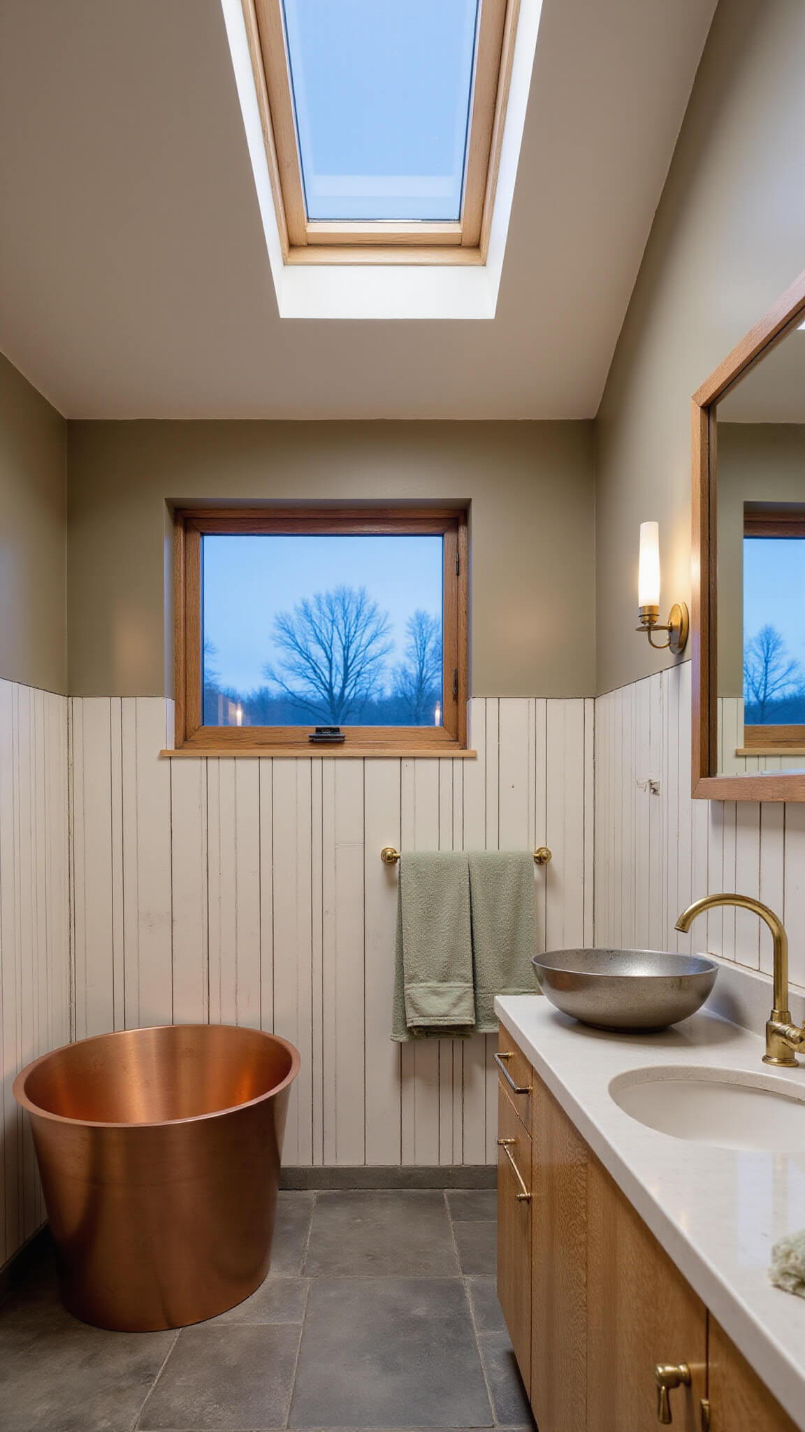 Twilight barn house bathroom with freestanding copper soaking tub under skylight, concrete vanity, soft white vertical subway tiles, unlacquered brass fixtures, and heated natural stone floors.