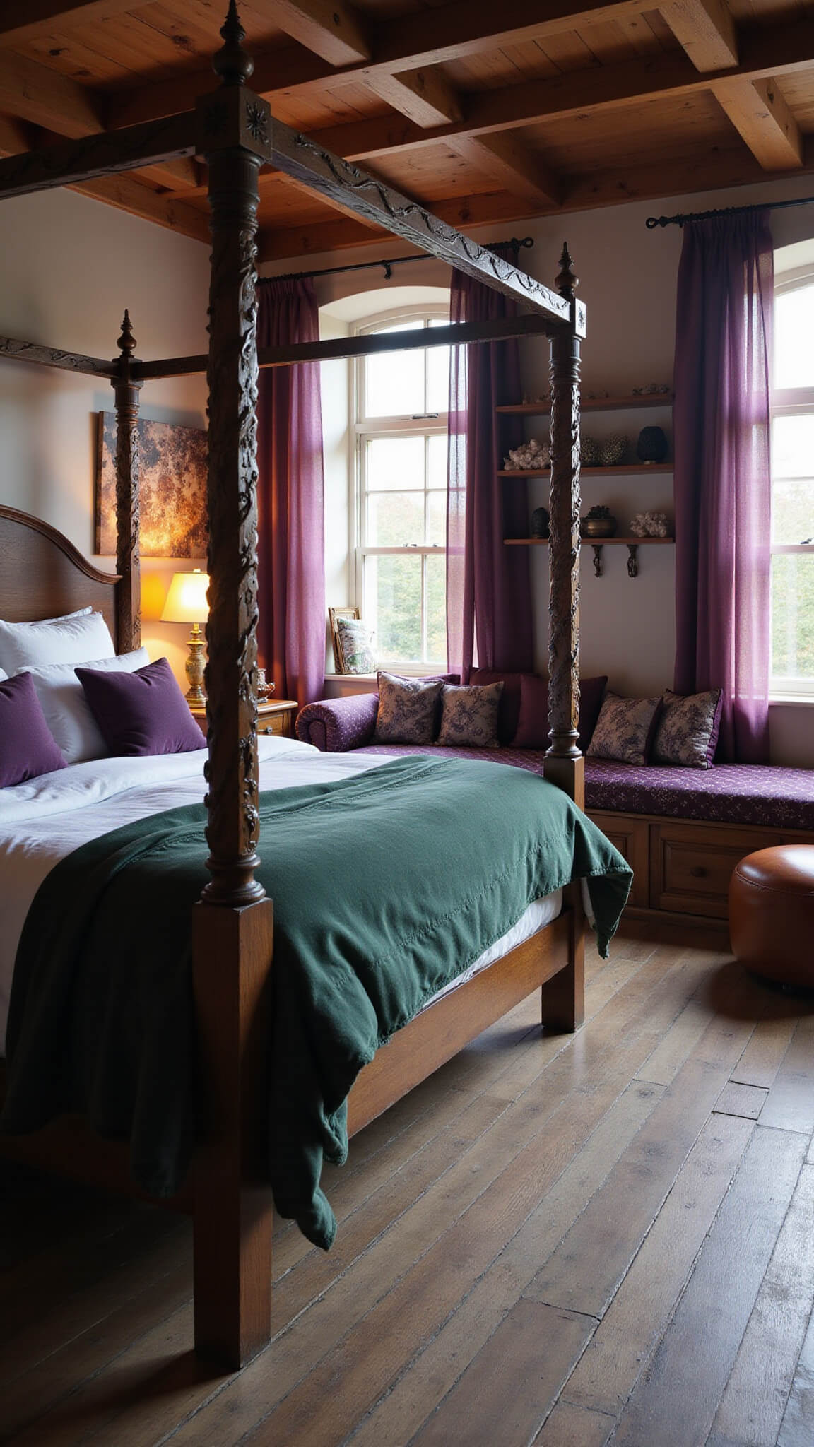 Warm, mystical 14x16ft bedroom at golden hour with a large vine-detailed four-poster bed, sunlight through purple curtains, oak floors, arched window seat, crystal shelves, hanging herbs, and cozy vintage accents in earth tones.