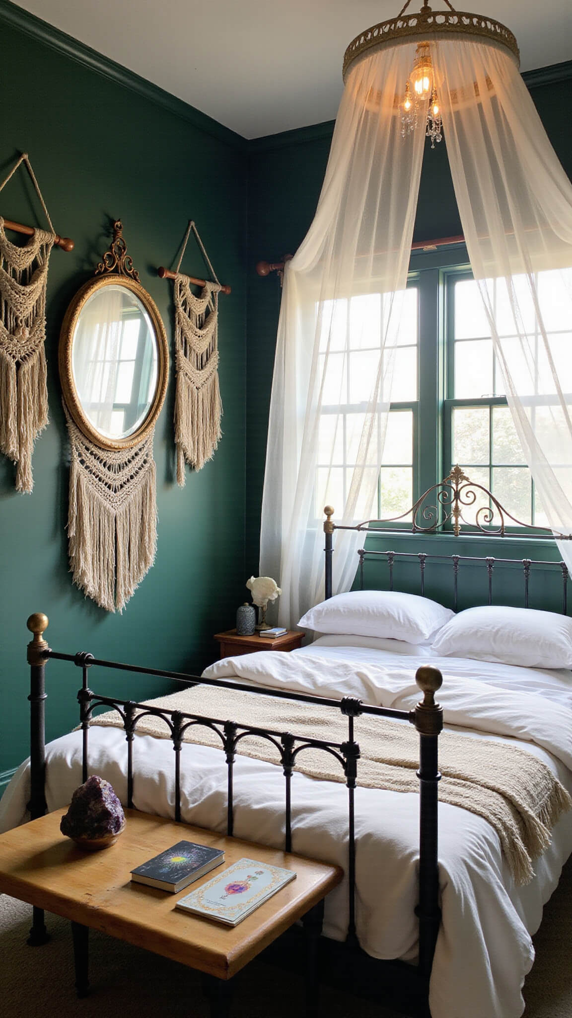 Bohemian-style master bedroom with wrought iron canopy bed, forest green accent wall, crystal-hung windows casting prisms on white linens, vintage mirror, wooden altar with tarot cards and crystals, macramé wall hangings, and copper string lights.