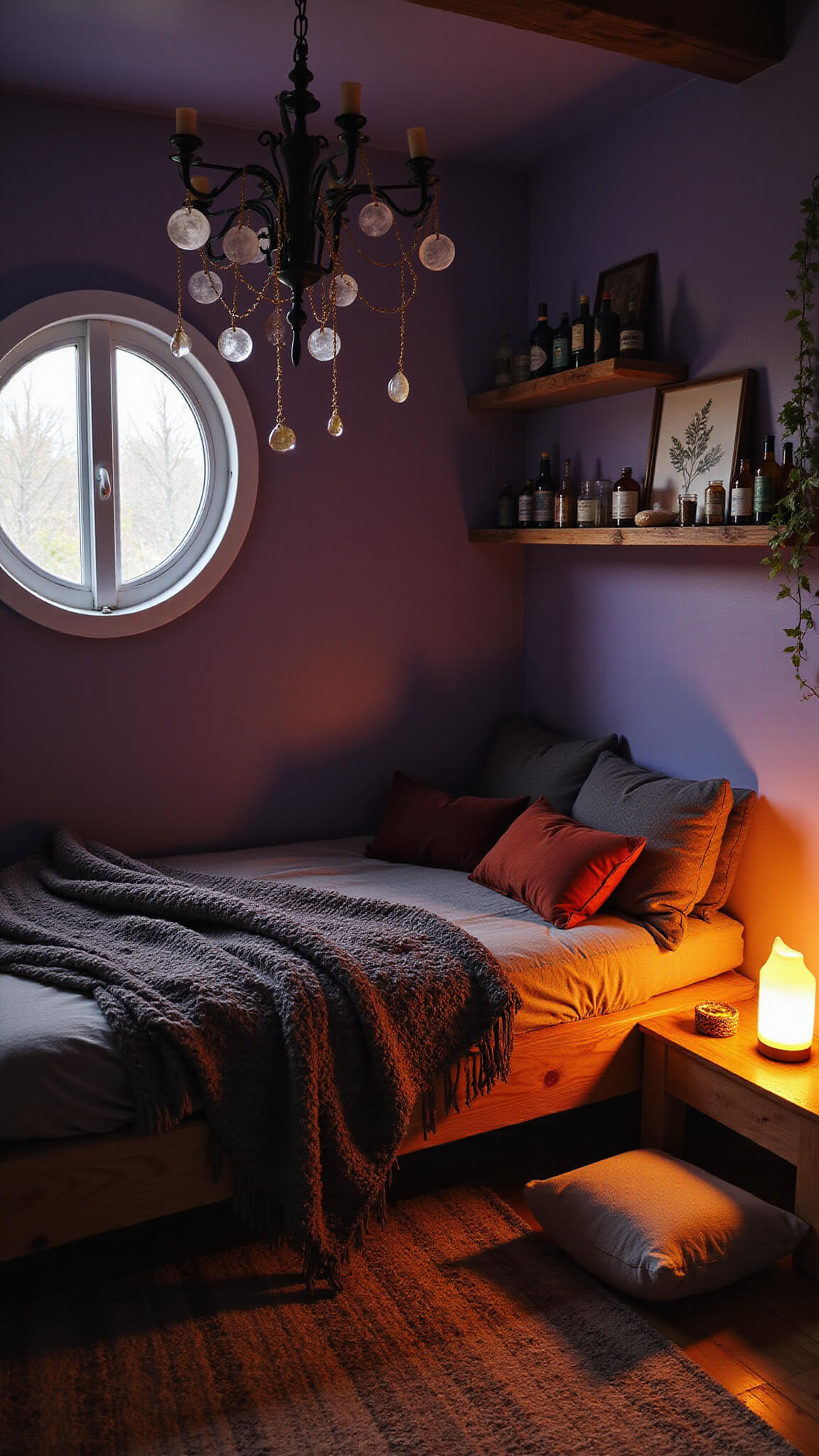 Elevated view of a cozy, dusk-lit witch's sanctuary with a reclaimed wood bed under a circular window, moon phase garlands, beeswax candle candelabra, amber-lit reading nook, vintage apothecary decor, and rich textural furnishings.