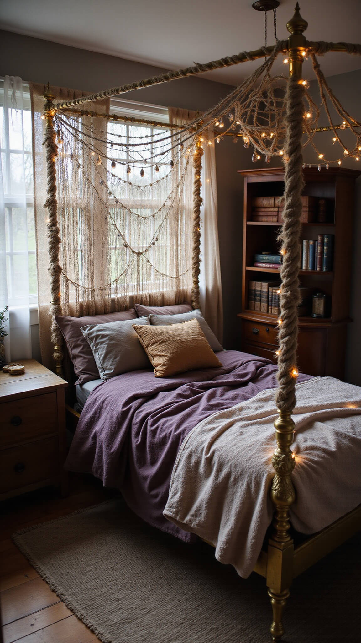 Twilight-lit vintage bedroom with antique brass bed, macramé headboard, crystal grid on oak table, and bookshelf of grimoires and celestial charts.