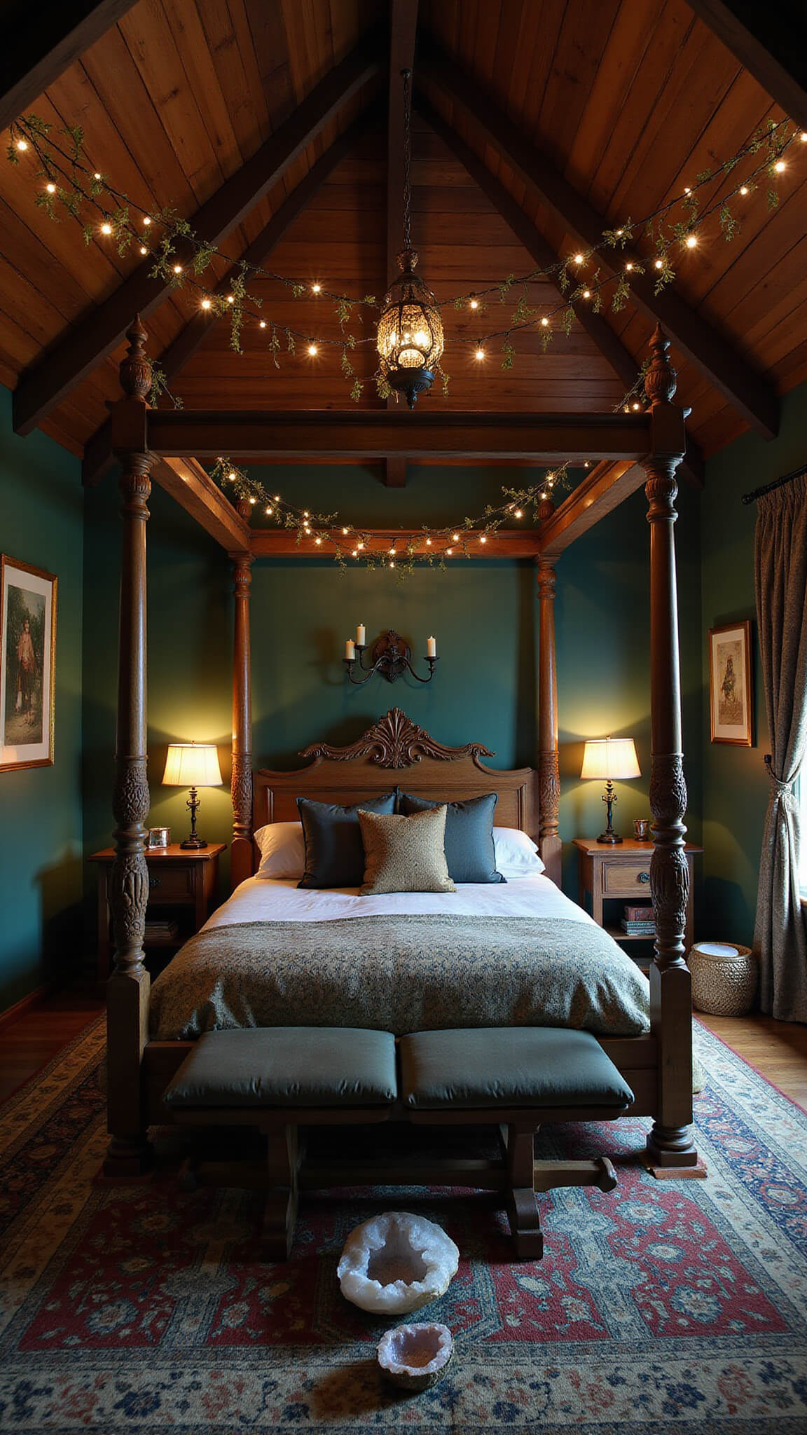 Wide-angle view of a mystical master suite at midnight with a carved wooden canopy bed, exposed beams with herbs and copper lights, forest green walls, crystal meditation corner, layered Persian rugs, and candlelit metallic accents.