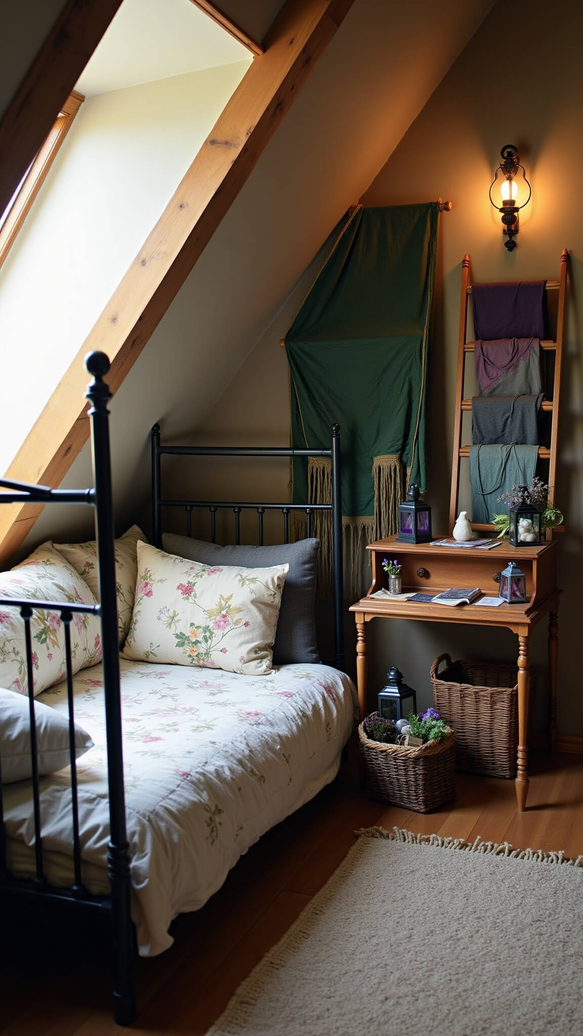Cozy attic bedroom with wrought iron daybed, vintage quilts, and an antique altar desk adorned with crystals and tarot cards, bathed in morning light.