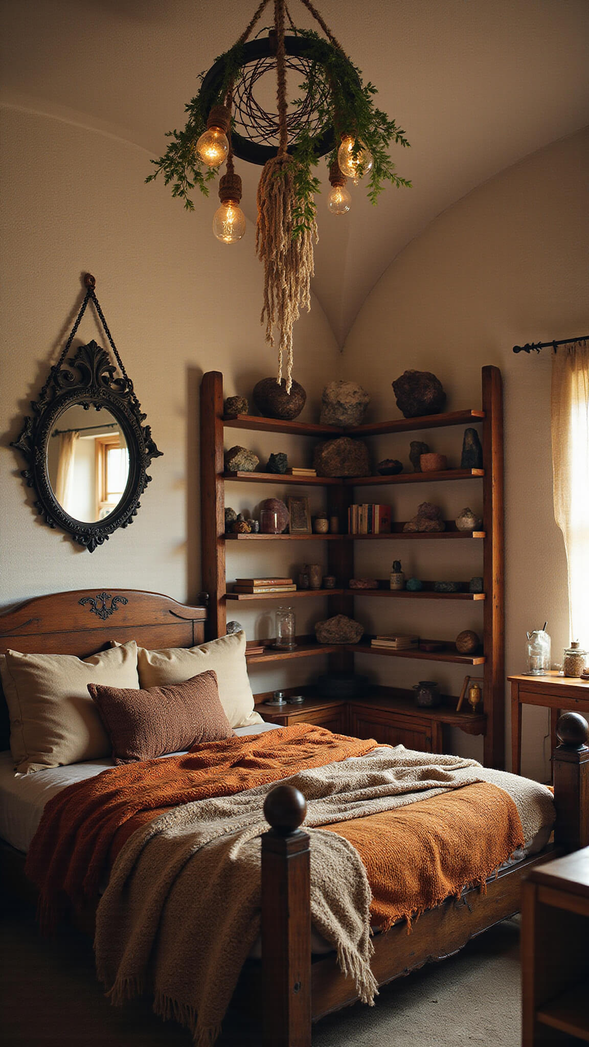 Cozy circular witch's bedroom at golden hour with medieval bed, curved bookshelves of crystals and spell books, glowing copper lights, and a large dreamcatcher above.
