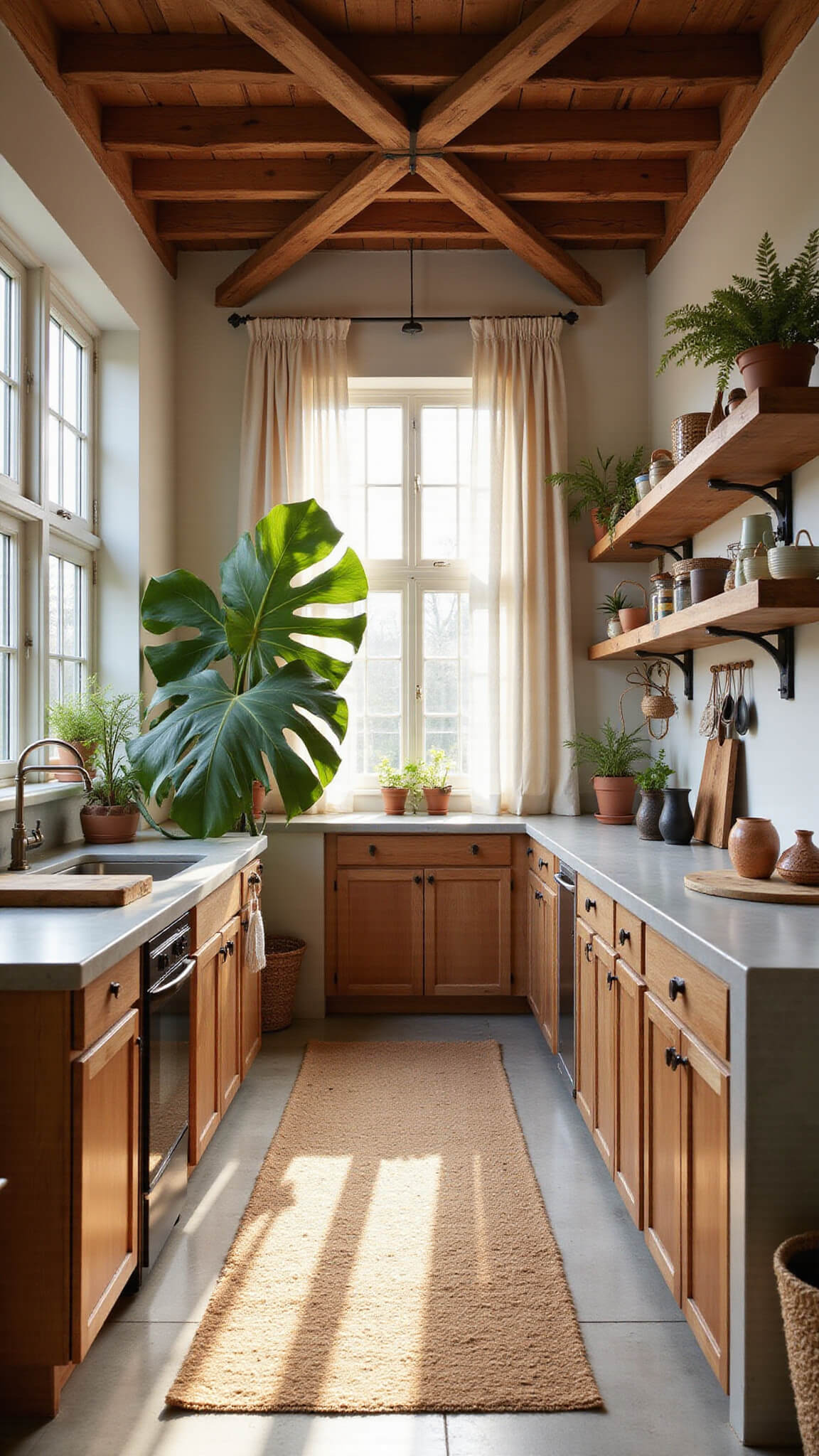 Sunlit 14x16ft kitchen with exposed wooden beams, copper pot rack, concrete counters, open wood shelves, large windows, monstera plant, and earthy ceramic accents at golden hour.
