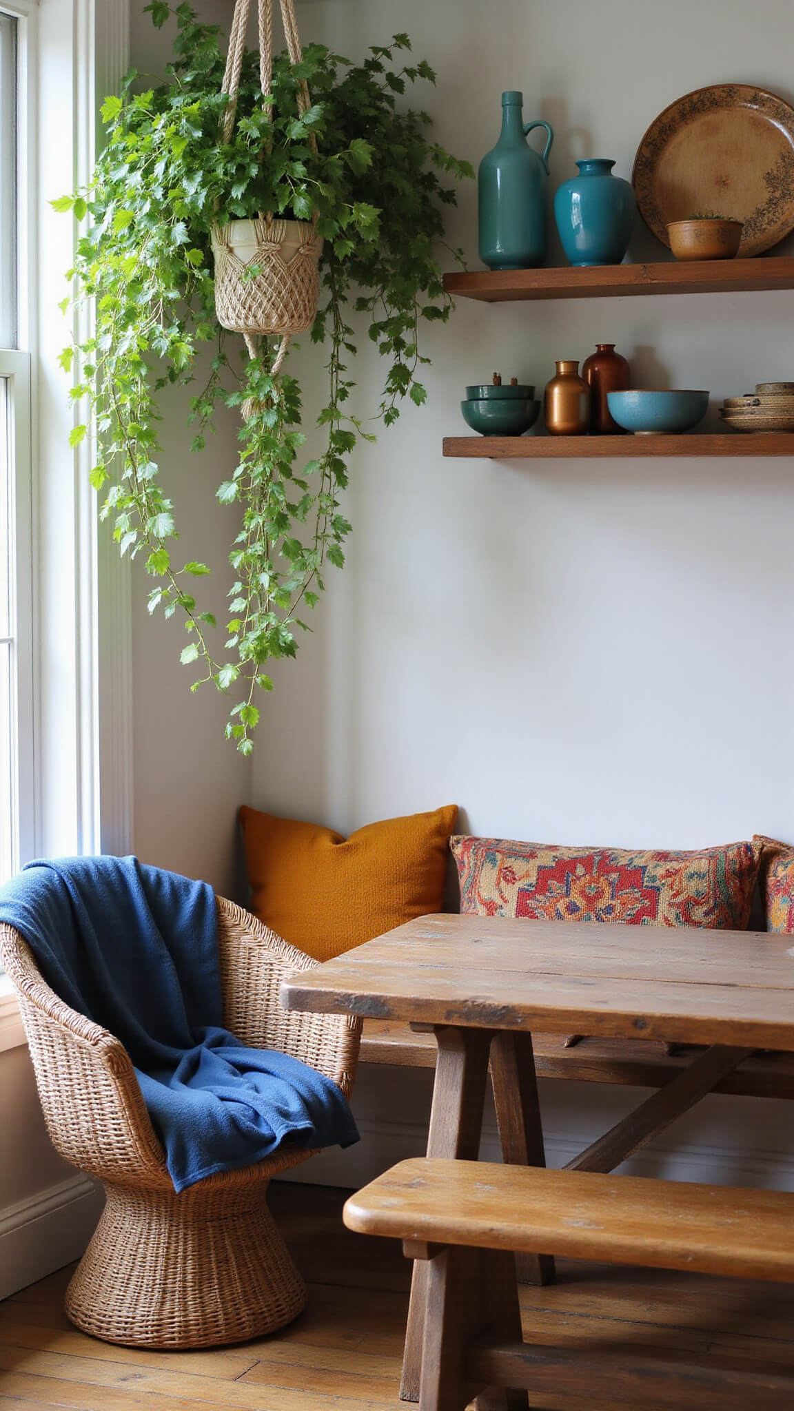 Cozy kitchen breakfast nook with rattan peacock chair, reclaimed wood table, indigo textiles, hanging pothos, vintage jewel-tone pottery on shelves, and Turkish kilim cushions; morning light casting soft shadows from a low upward camera angle.