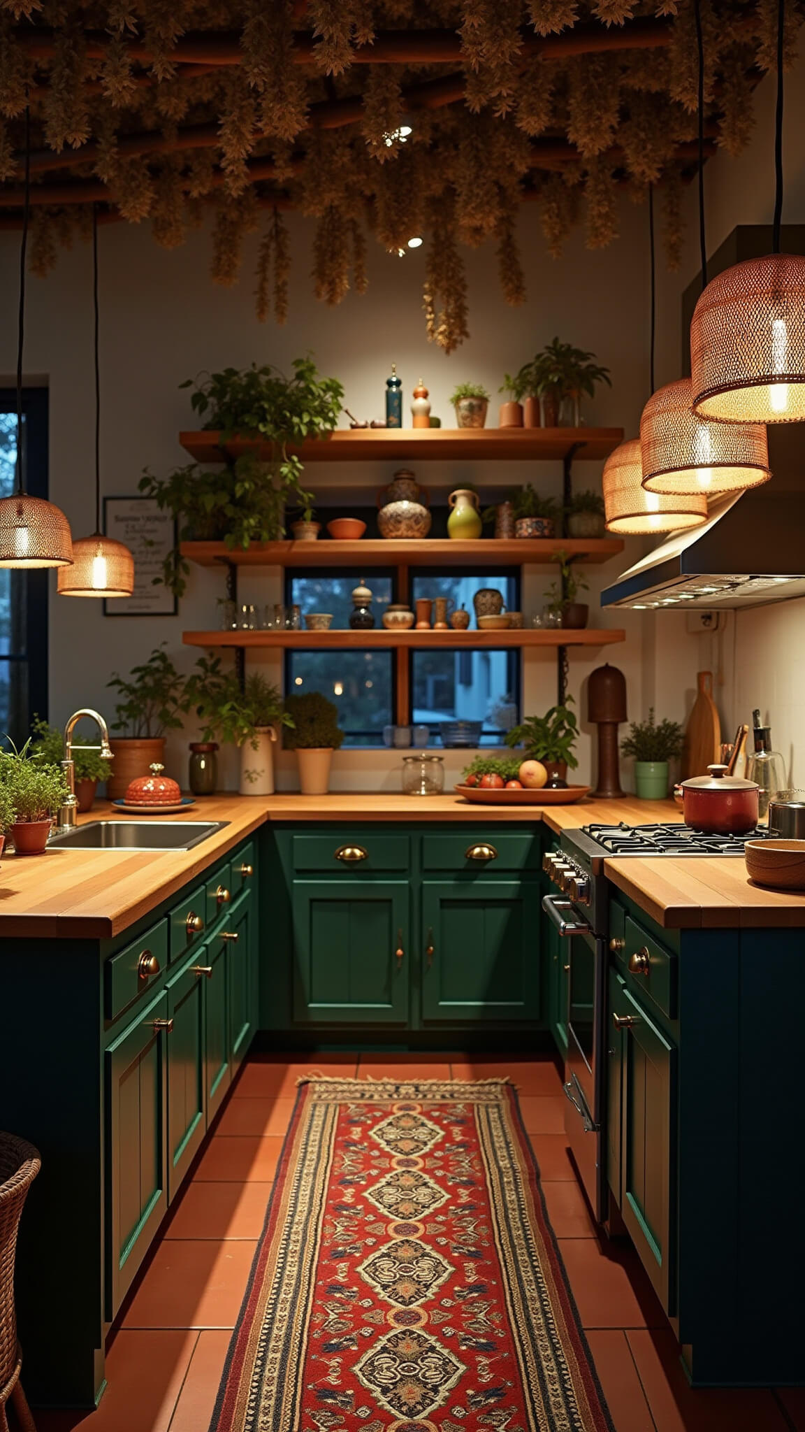 Moody evening kitchen with rattan pendant lights, dark green cabinets, brass hardware, wood countertops, Persian runner on terra cotta tiles, open shelves with ceramics, and hanging dried herbs.