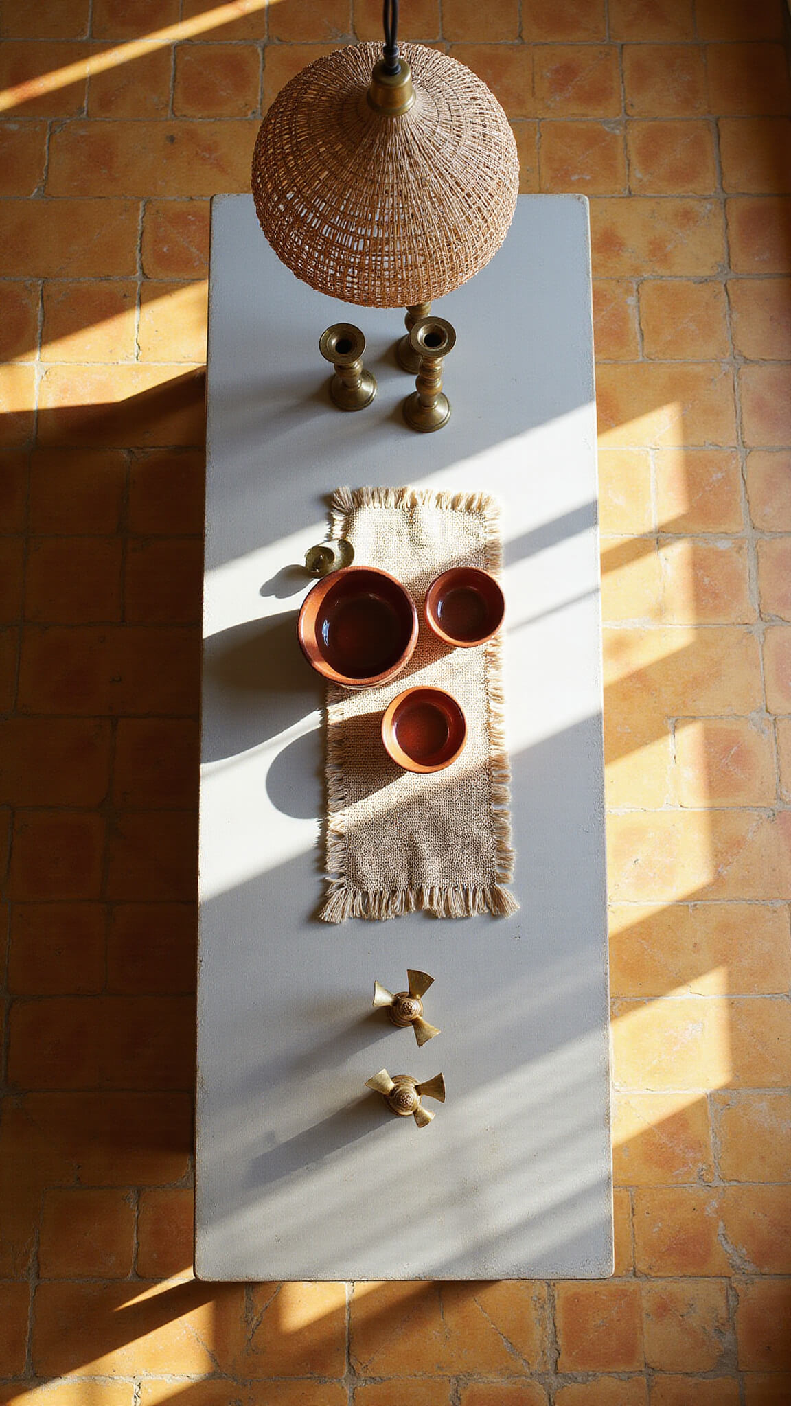 Overhead view of a 10x12ft kitchen island with reclaimed wood base and concrete top, styled with brass candlesticks, earth-toned ceramic bowls, and a handwoven runner, illuminated by morning light and a woven basket pendant; patterned mustard and terracotta cement tiles surround the island.