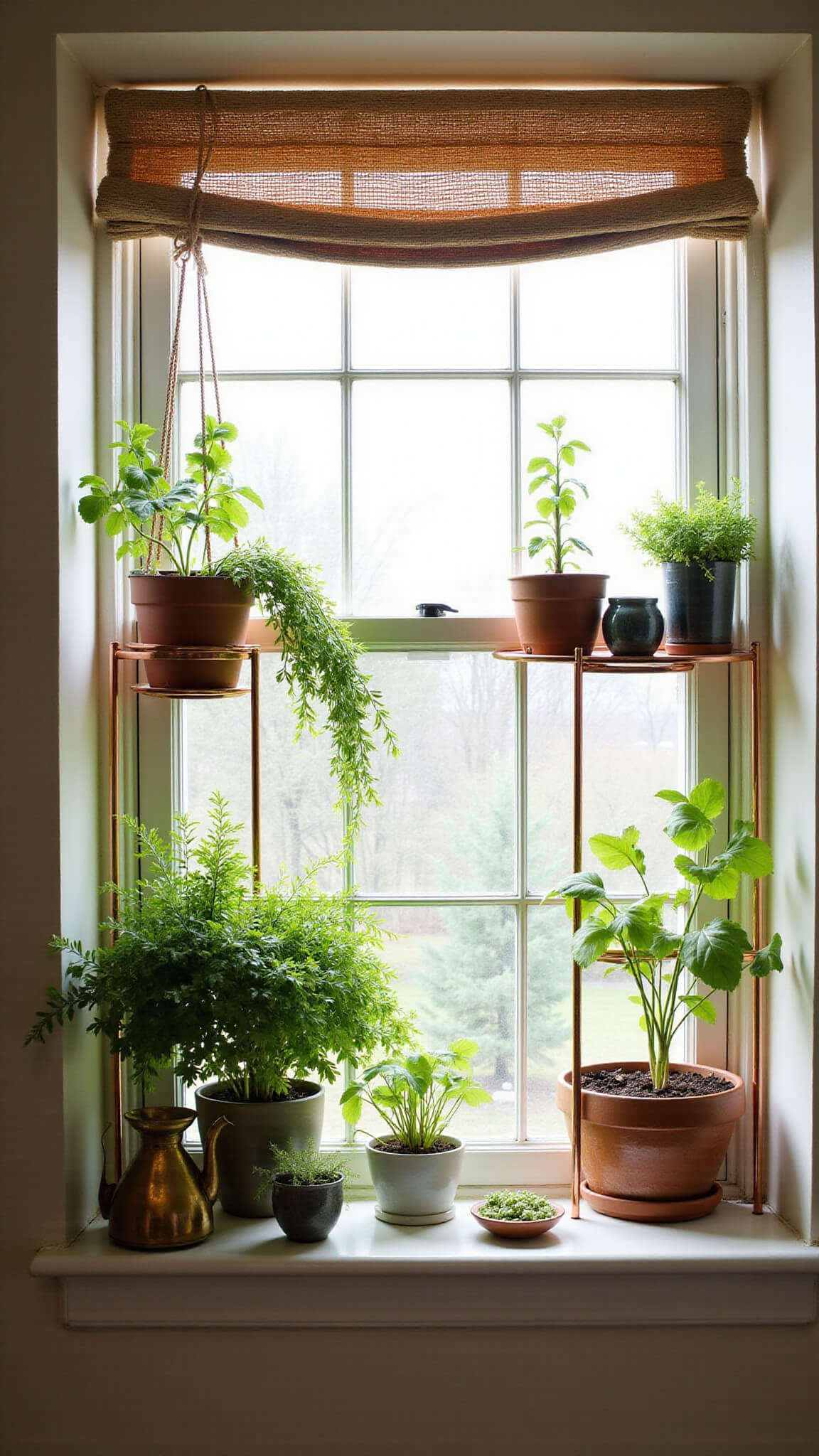 Close-up of sunlit kitchen window garden with tiered copper plant stands, herbs, vintage glassware, and macramé hangers.