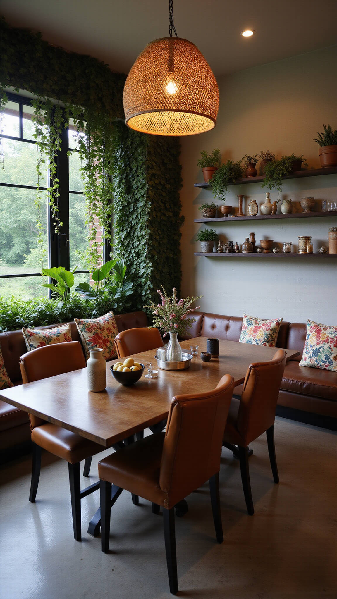 Eclectic kitchen dining area at dusk with vintage chairs, exotic banquette, living plant wall, oversized rattan pendant casting shadows, and travel-themed floating shelves.