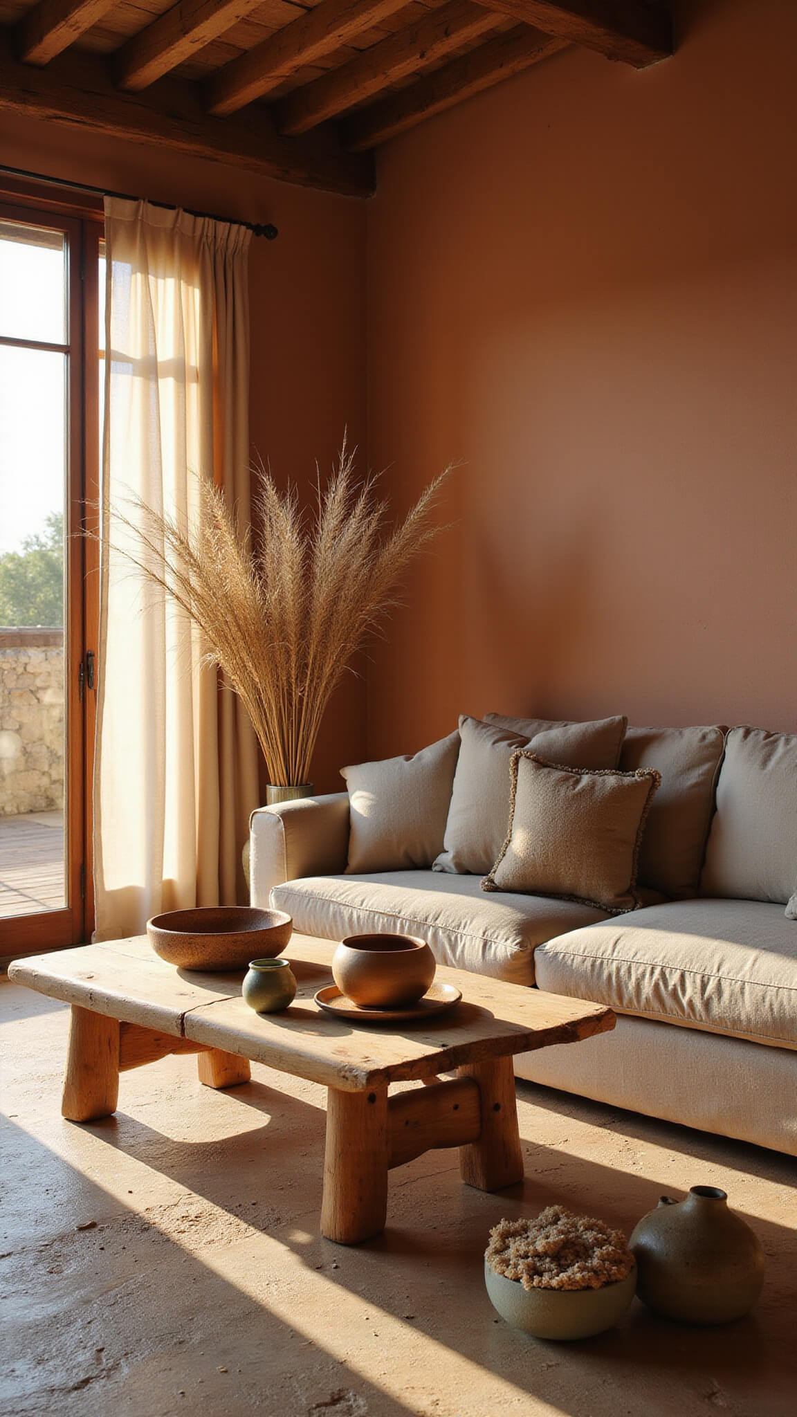 Sunlit rustic living room with exposed beams, clay walls, vintage linen sofa, and weathered oak coffee table surrounded by ceramic vessels and dried pampas grass on limestone floor.