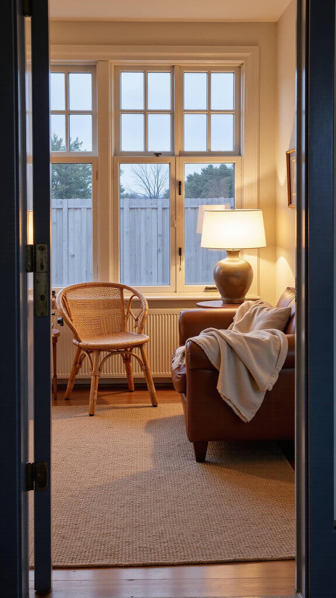 Cozy 15x18ft living space at dusk with a rattan chair by floor-to-ceiling windows, leather sofa draped in raw silk throws, ceramic lamps, unglazed pottery, aged copper accents, and a worn natural jute rug in warm tones of copper, grey, brown, and cream.