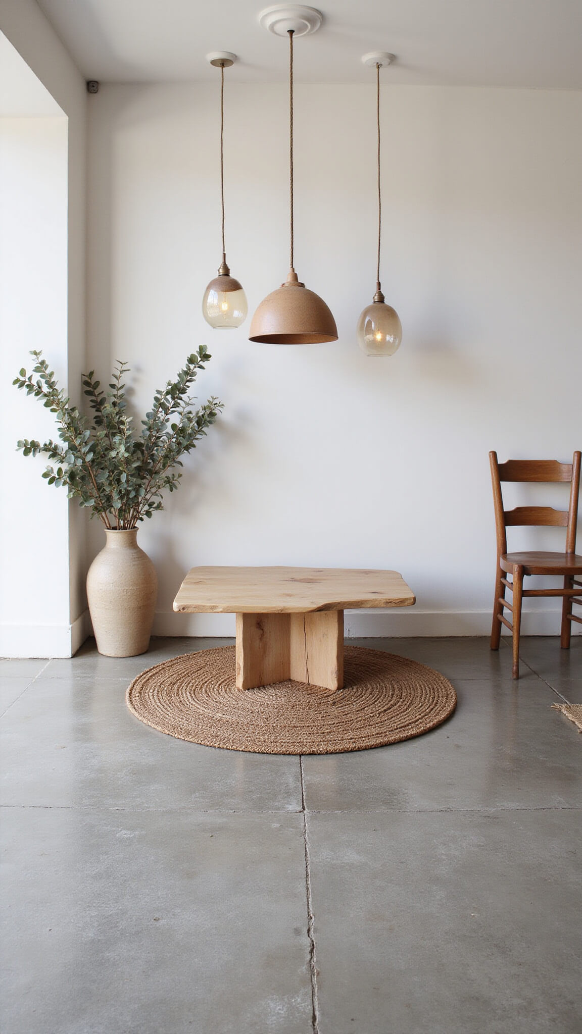 Minimalist 18x20ft living room with exposed concrete floors, hemp rug, aged pine coffee table, vintage ladder-back chair, ceramic pendant lights, and dried eucalyptus in an earthenware vase.