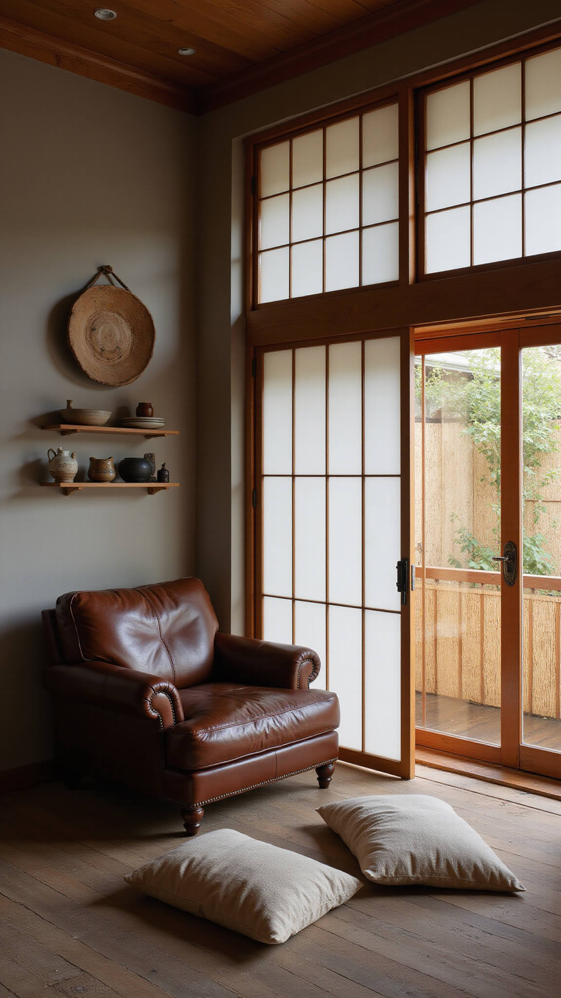 Corner view of cozy 16x22ft twilight living space with distressed leather armchair, pottery-adorned plastered walls, shoji screens, worn wood floors, and silk floor cushions under soft lantern light.