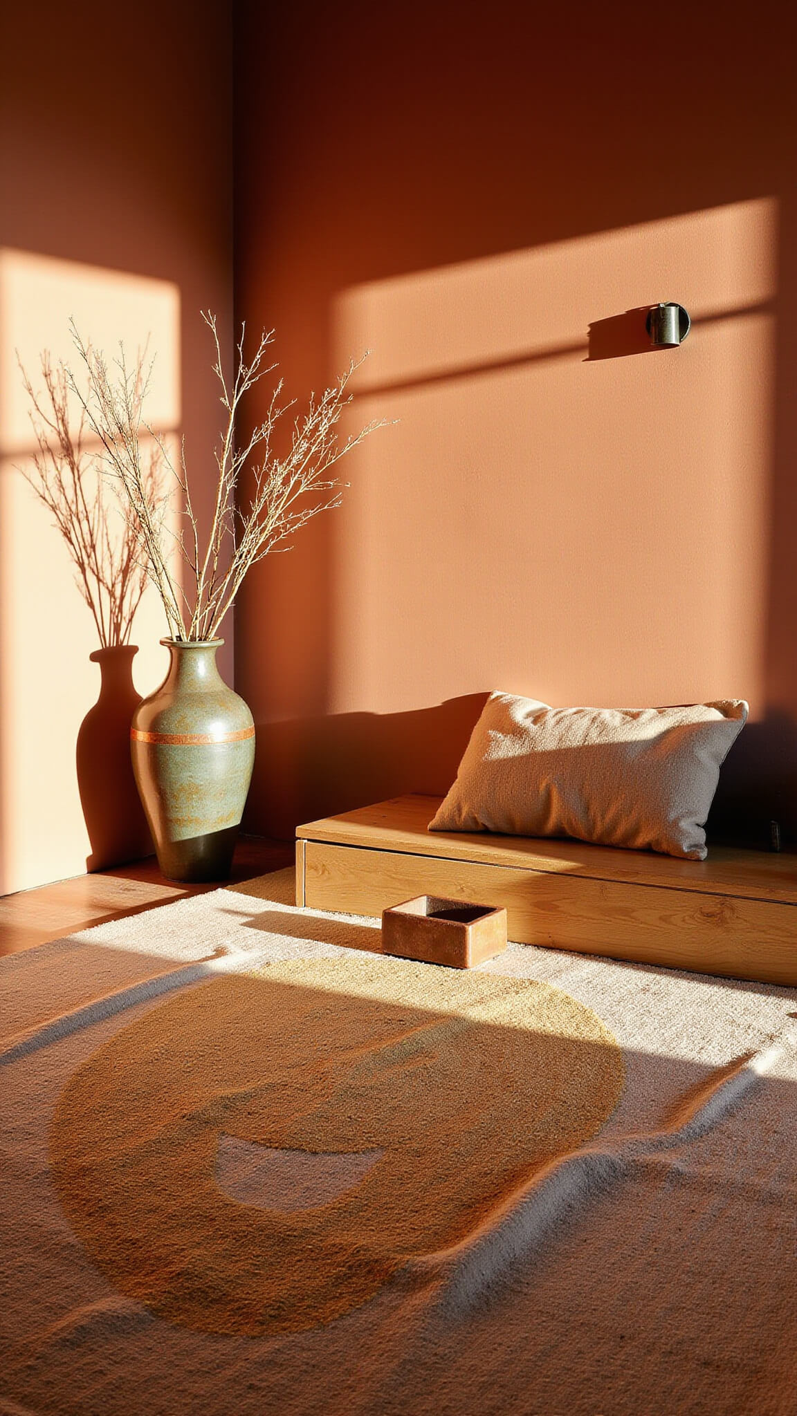 Bird's eye view of a 14x16ft meditation corner with a worn wool carpet, low wooden platform with linen cushions, textured clay walls in morning light, ceramic incense holder, and dried branches in a bronze vase casting soft shadows.