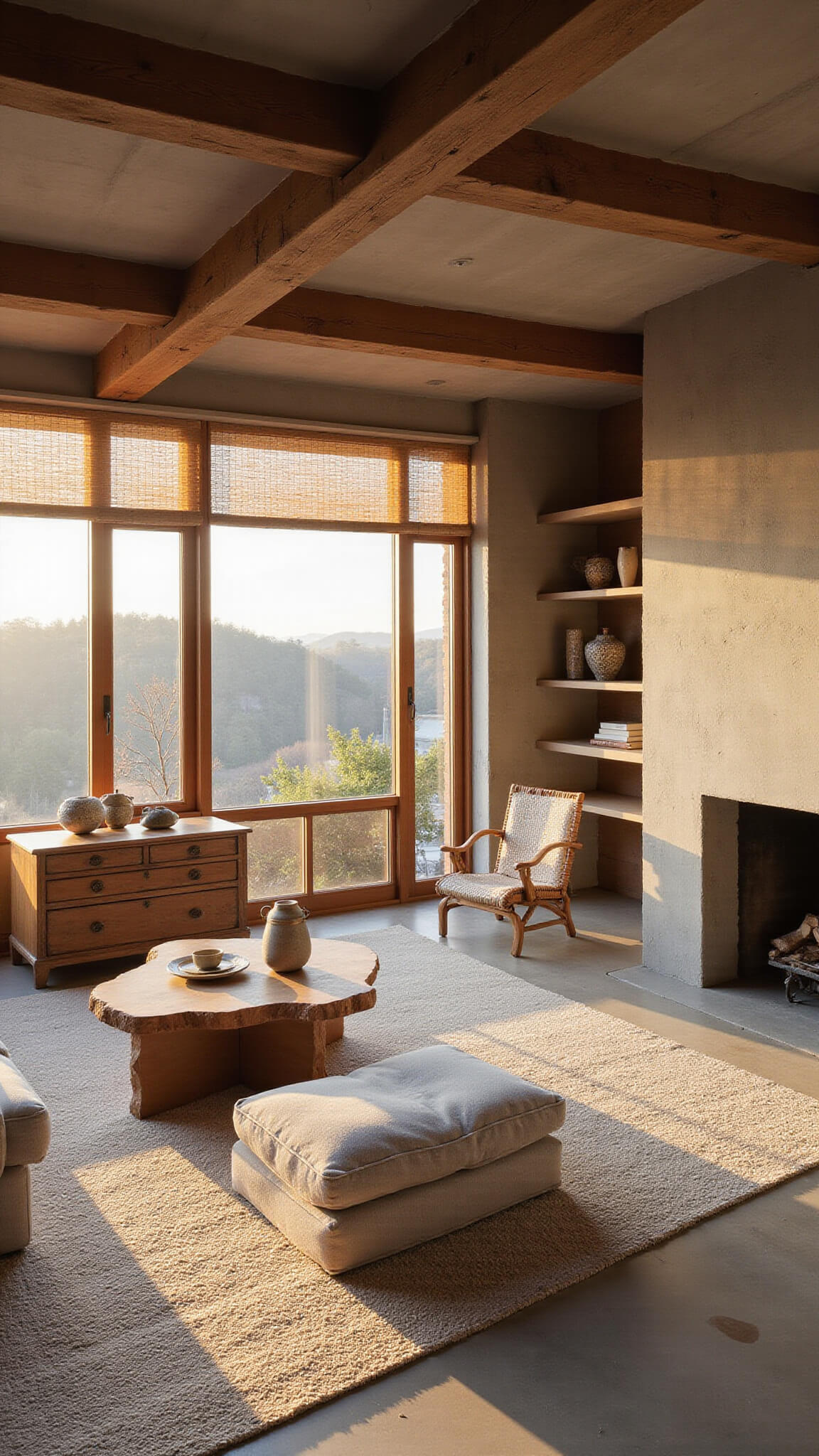 Open-concept living area at sunset with reclaimed timber beams, vintage Japanese tansu chest, sculptural ceramics on floating shelves, handwoven grass blinds, hand-knotted silk rug, and stone hearth.