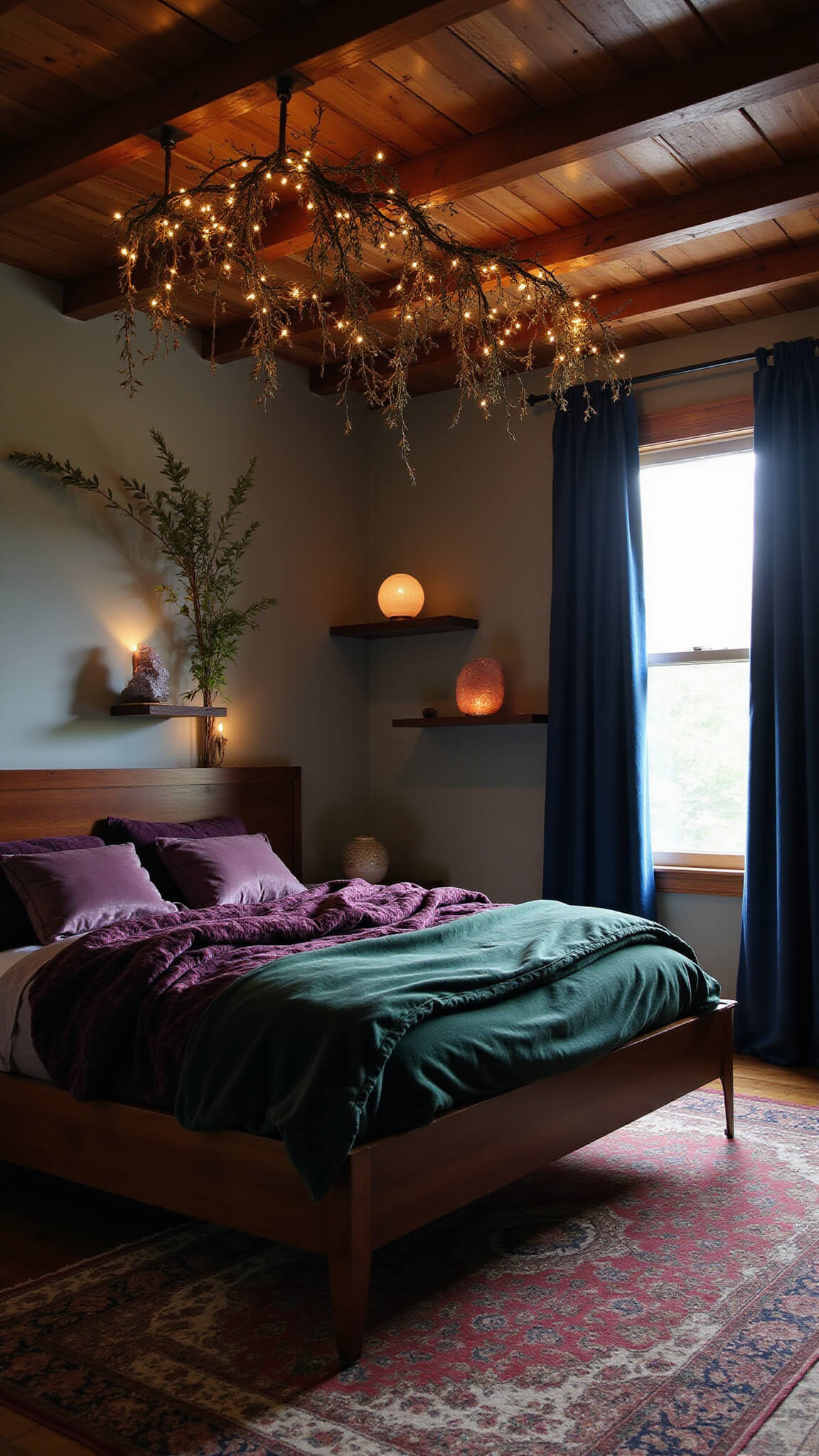 Moody 14x16ft bedroom at twilight with low mahogany bed, deep velvet bedding, fairy lights, salt lamps, Persian rug, midnight blue curtains, and crystal displays on copper shelves.