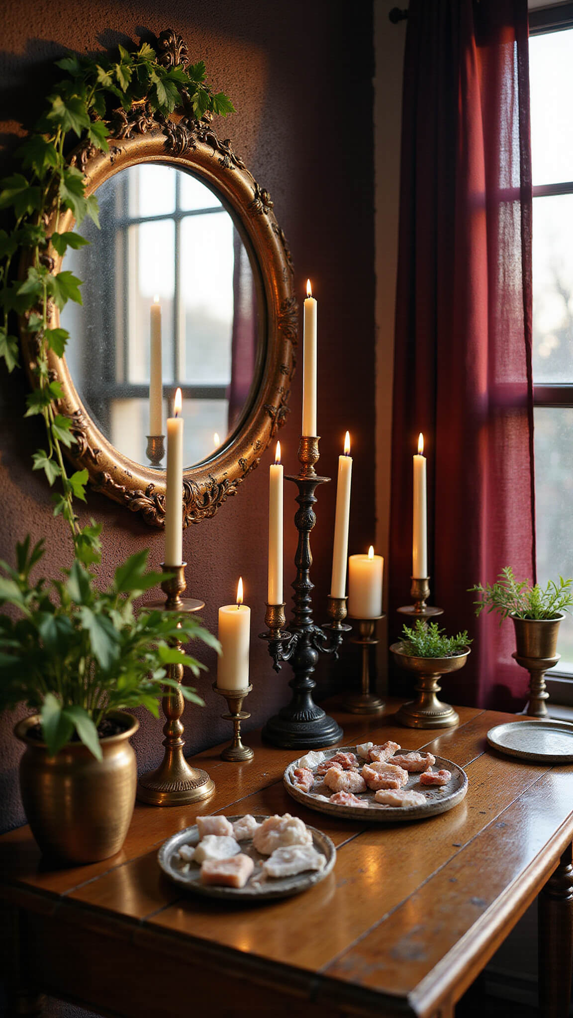 Close-up of a witch's altar with burning candles, crystal grids, and ivy plants on an antique oak desk beneath a bronze-framed mirror, bathed in golden hour light through burgundy curtains.