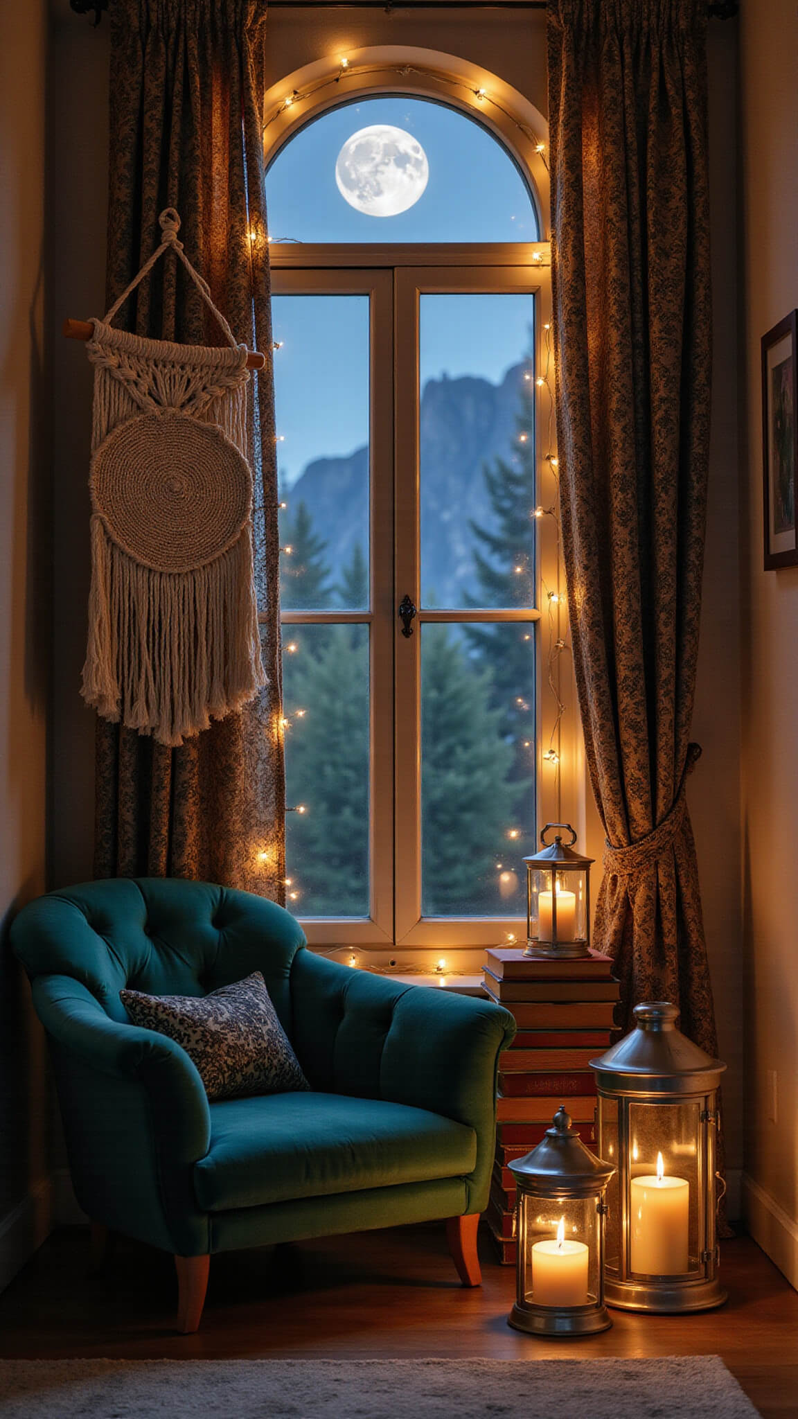 Cozy midnight reading nook with emerald velvet armchair, moonlit through a circular window, surrounded by celestial tapestries, vintage books, and glowing lanterns.