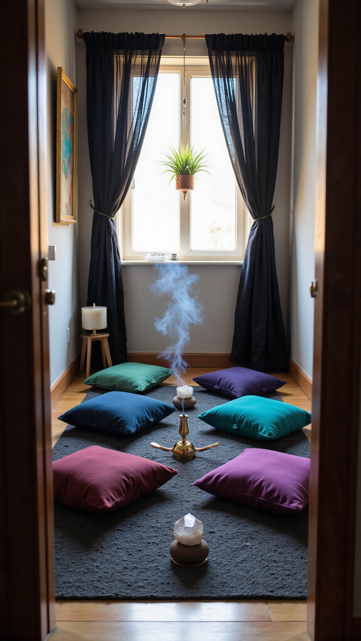Meditation corner at dawn with jewel-toned cushions on a black rug, incense smoke, crystal circle, gauzy curtains, and hanging air plants in copper holders.