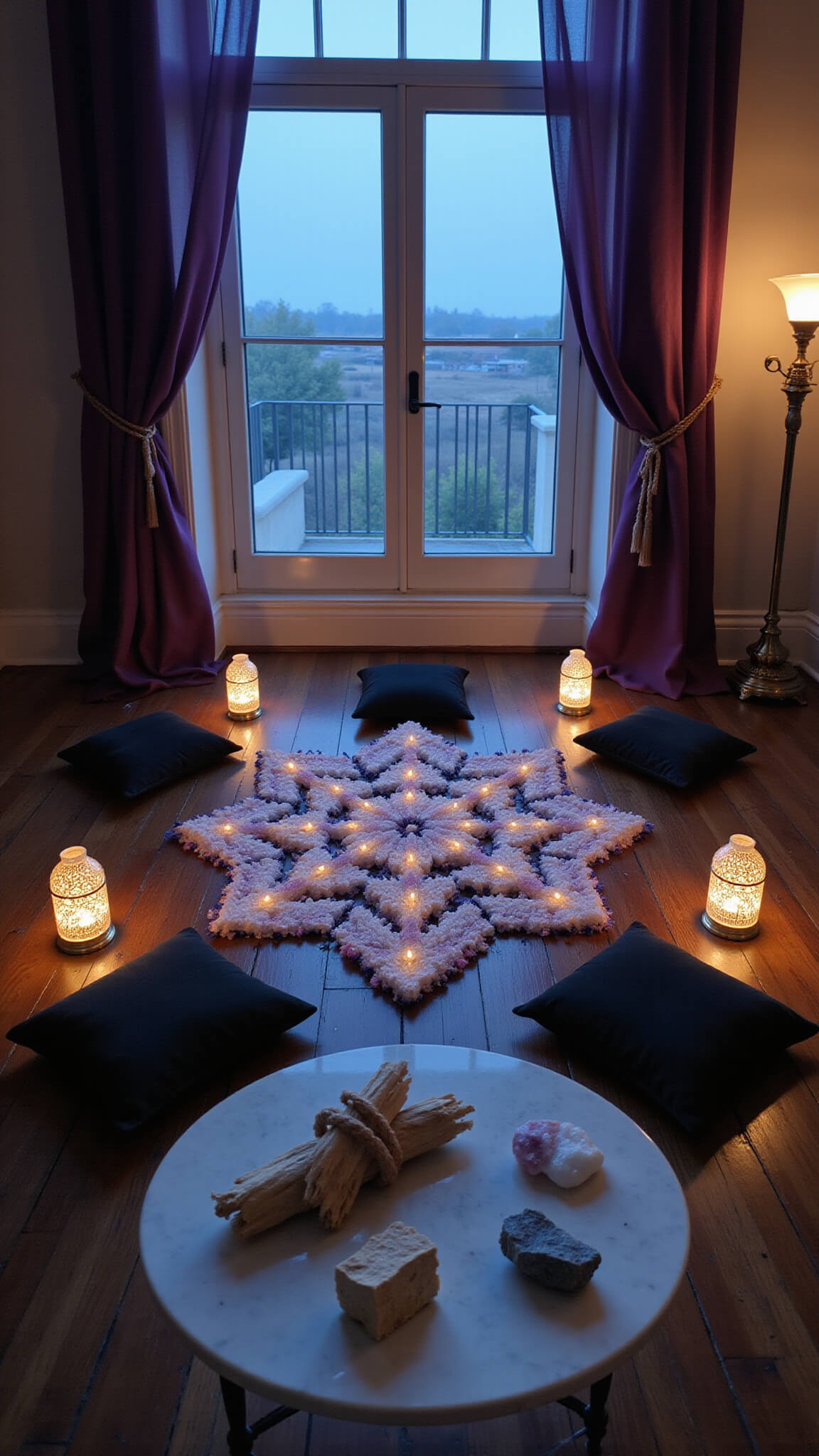 Overhead view of a dimly lit bedroom featuring a large crystal grid mandala on dark hardwood floors, surrounded by brass lanterns and black velvet pillows marking cardinal directions, with a marble table holding sage bundles and crystal wands, all bathed in filtered blue hour light through sheer purple curtains.