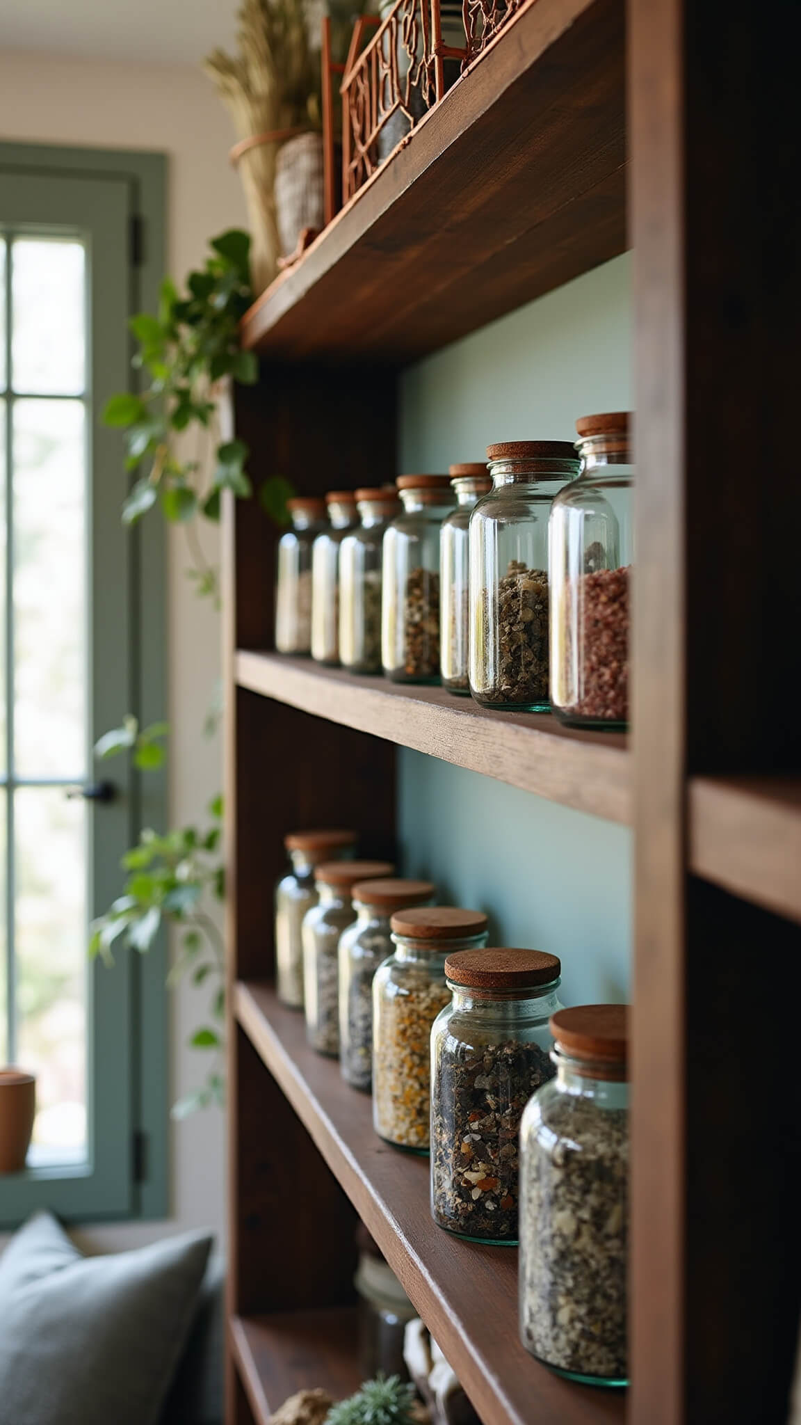 Macro shot of herbal apothecary wall with dark wood shelves holding glass jars, crystals, sage bundles, and vintage botanical prints softly lit by natural daylight.