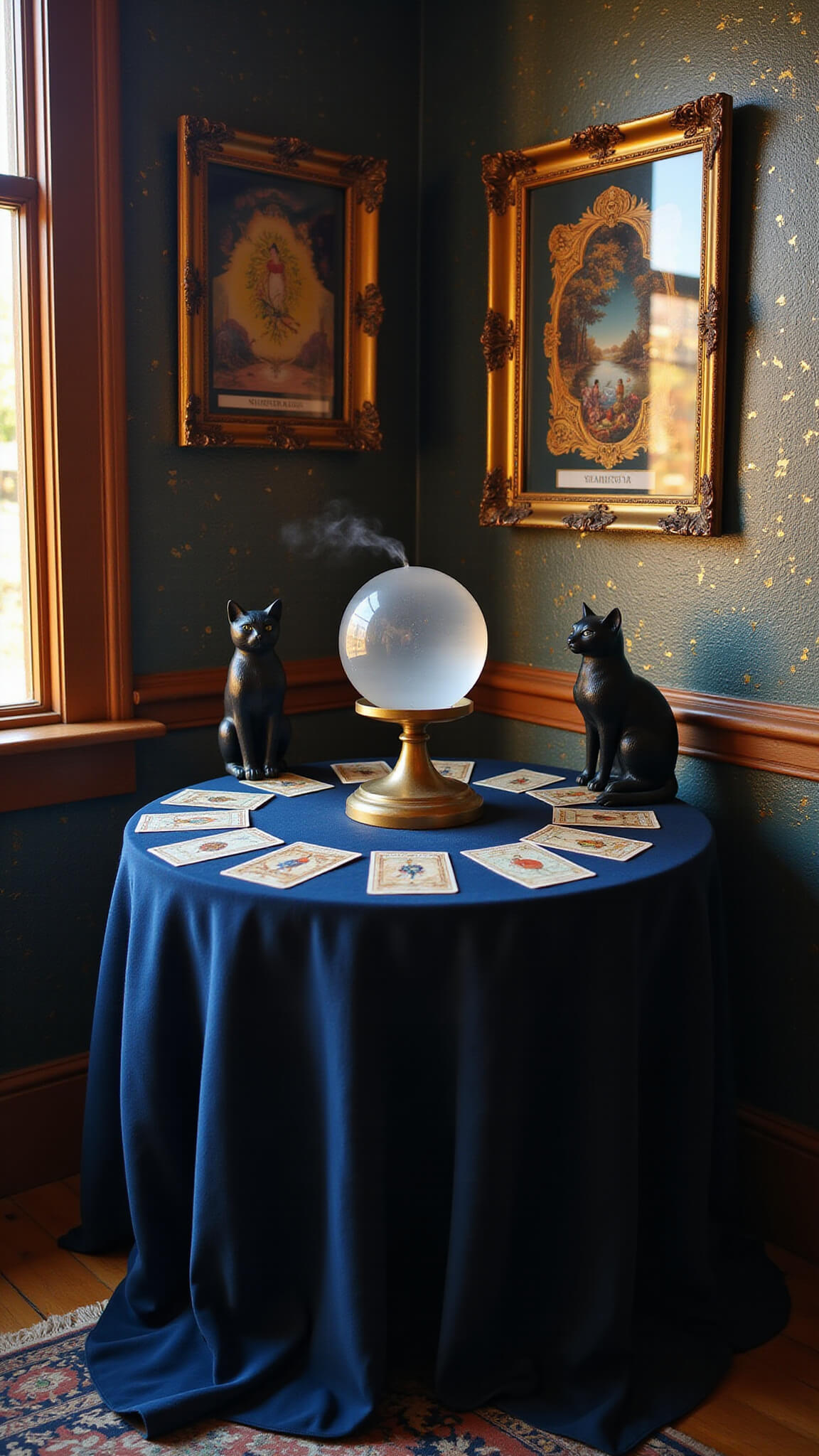 Divination corner at sunset with velvet-draped table holding tarot cards and crystal ball, framed tarot art on dark walls, cat figurines, celestial wallpaper glowing in warm light, and scented mist from oil diffuser.