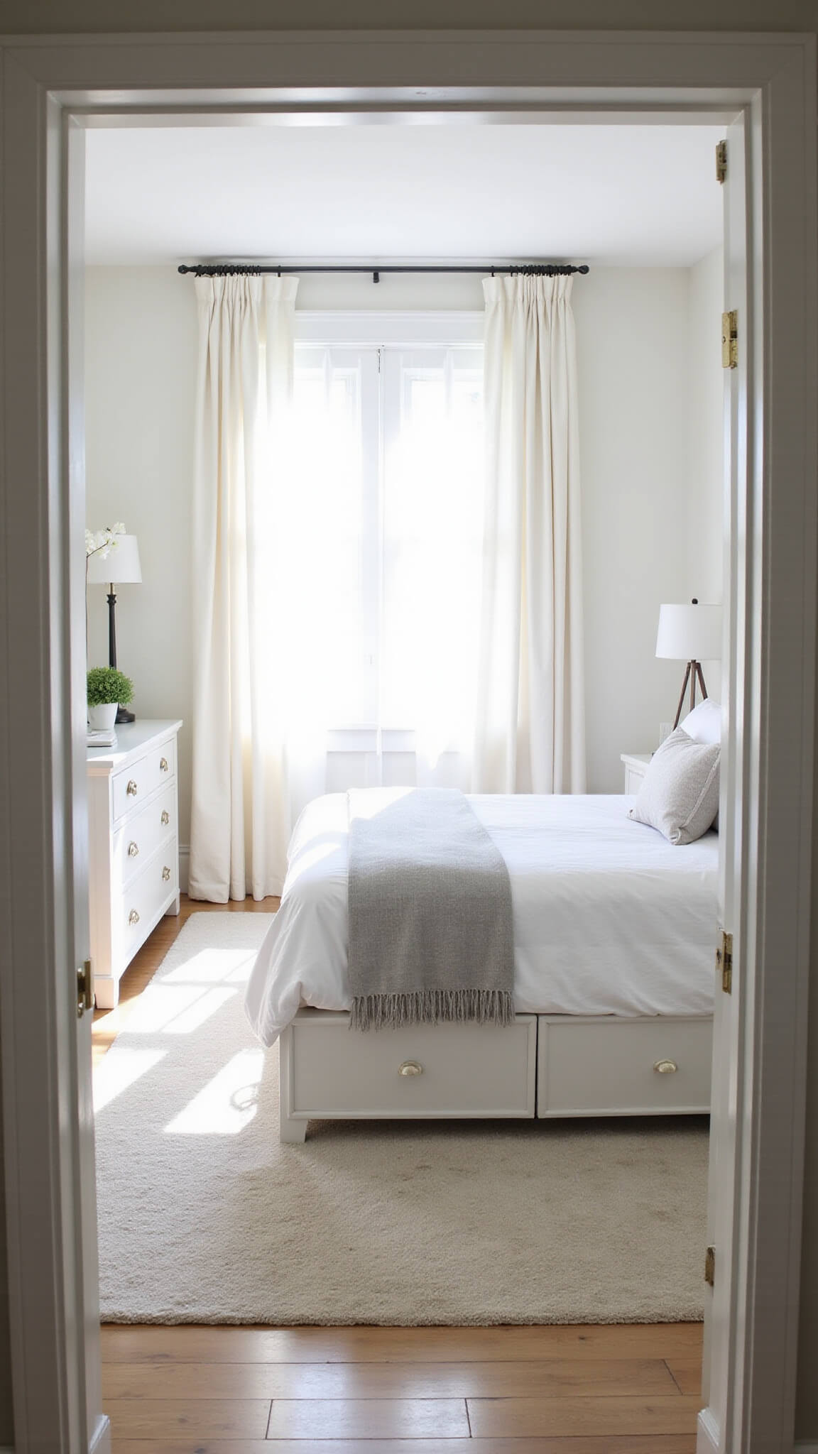 Bright 10x12ft bedroom with white linens, sheer curtains, and natural light reflecting off a large mirror.