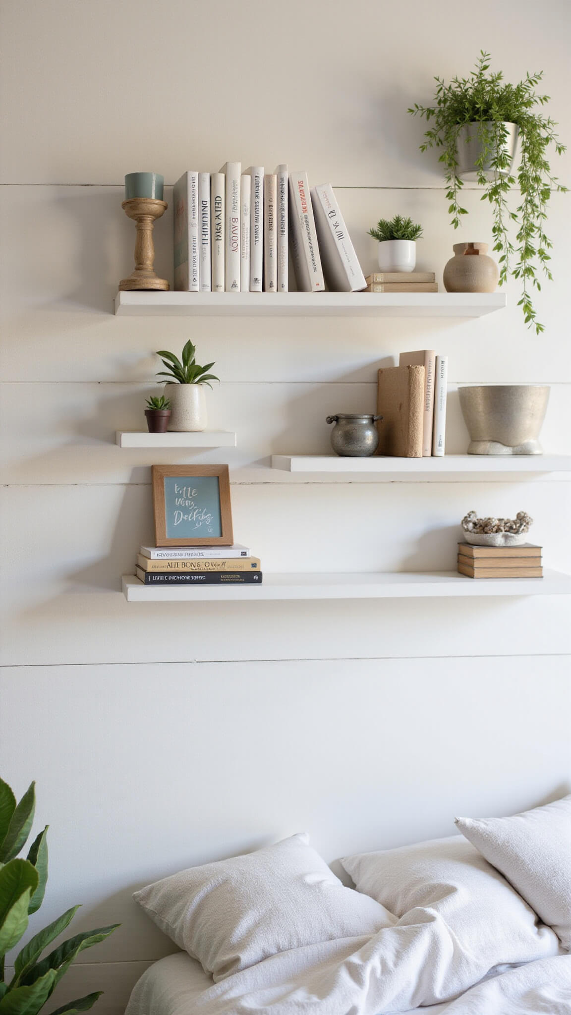 Close-up of white floating shelves above a bed on a shiplap wall, displaying books, succulents, and metallic decor in warm, minimalist lighting.