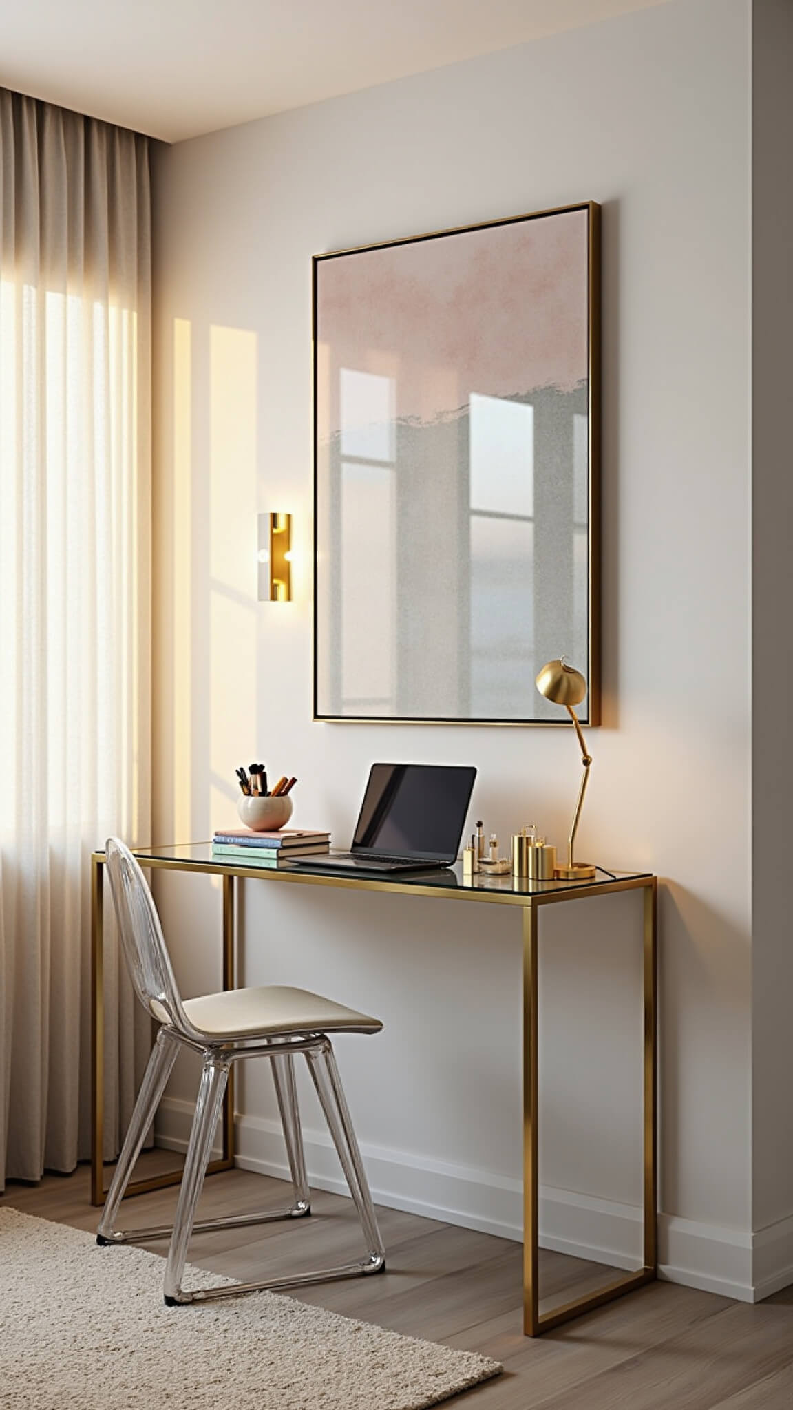 Mid-shot of a stylish corner with a slim brass and glass console table used as desk and vanity, ghost chair tucked underneath, golden hour light filtering through sheer curtains, and abstract blush and grey art above.