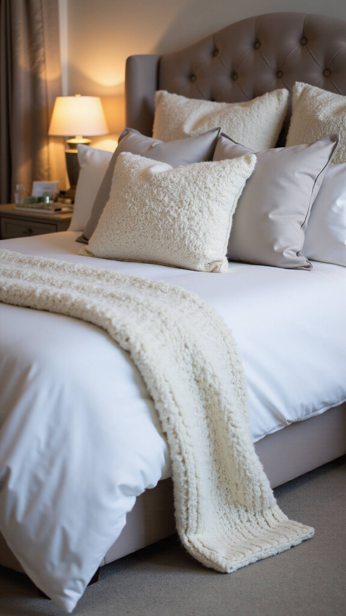 Luxurious bedding with white sheets, knit ivory throw, neutral-toned pillows, and taupe velvet headboard, softly lit during blue hour.