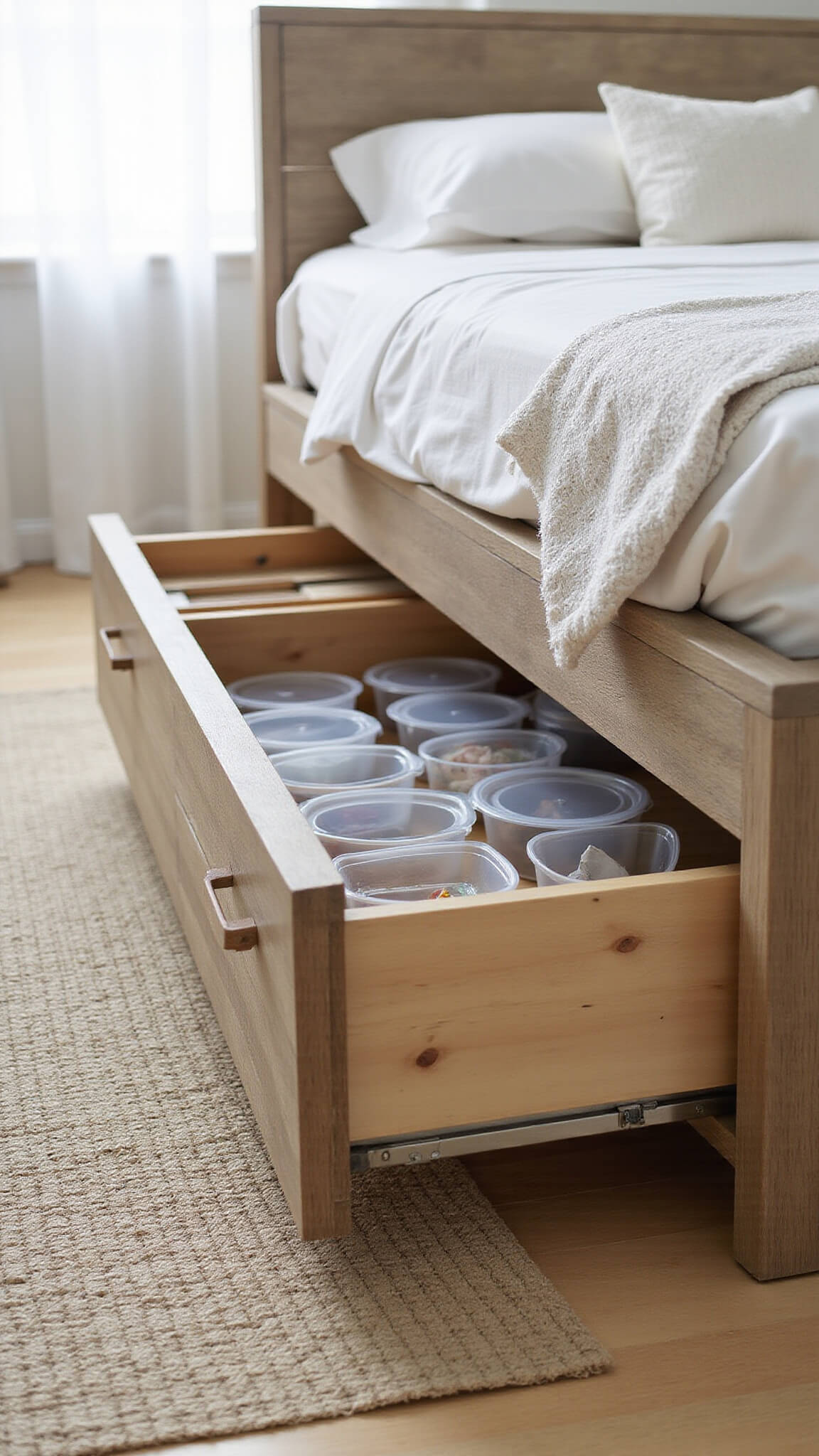 Under-bed storage with clear containers in a modern weathered oak platform bed, partially opened drawer, on light wood floor with neutral sisal rug, shot from low angle in soft natural light.