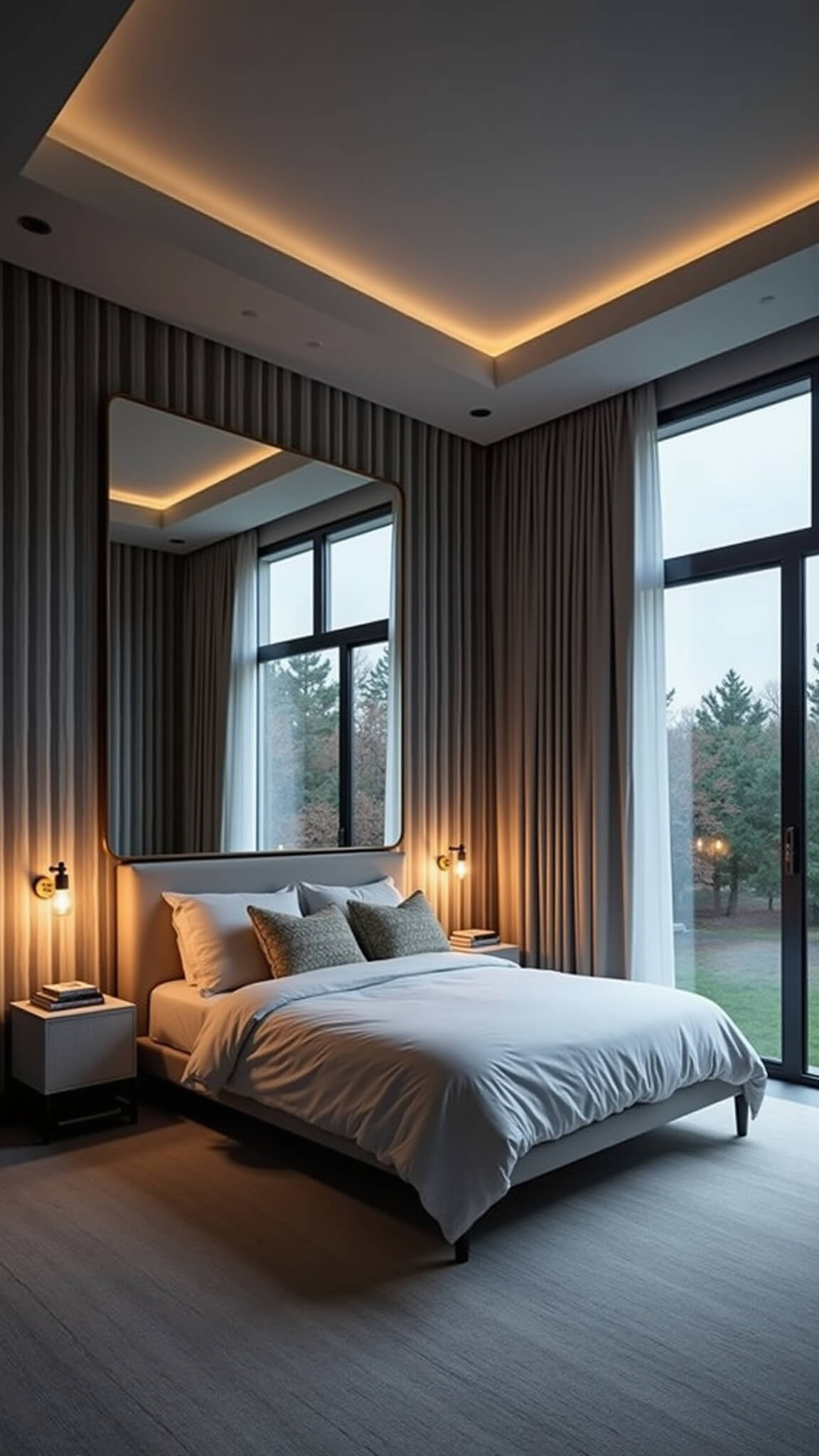 Dramatic dusk bedroom with tall striped grey-and-white wallpaper, moonlight and warm sconces, wall-mounted reading lights, brass-framed mirror reflecting window, wide-angle view emphasizes height.