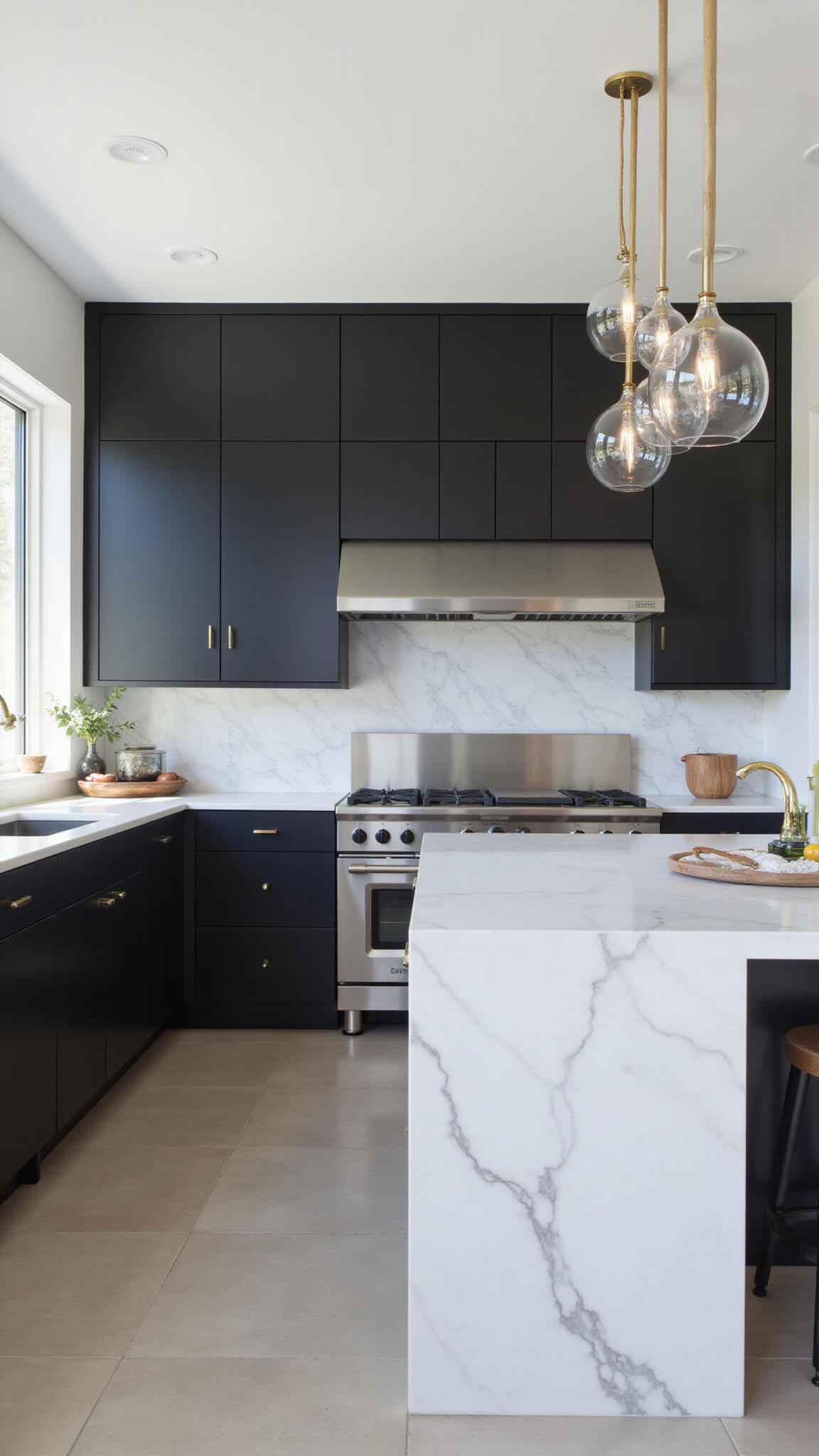 Modern black and white kitchen with marble island, matte black cabinets, floor-to-ceiling windows, and stainless steel appliances in soft morning light.