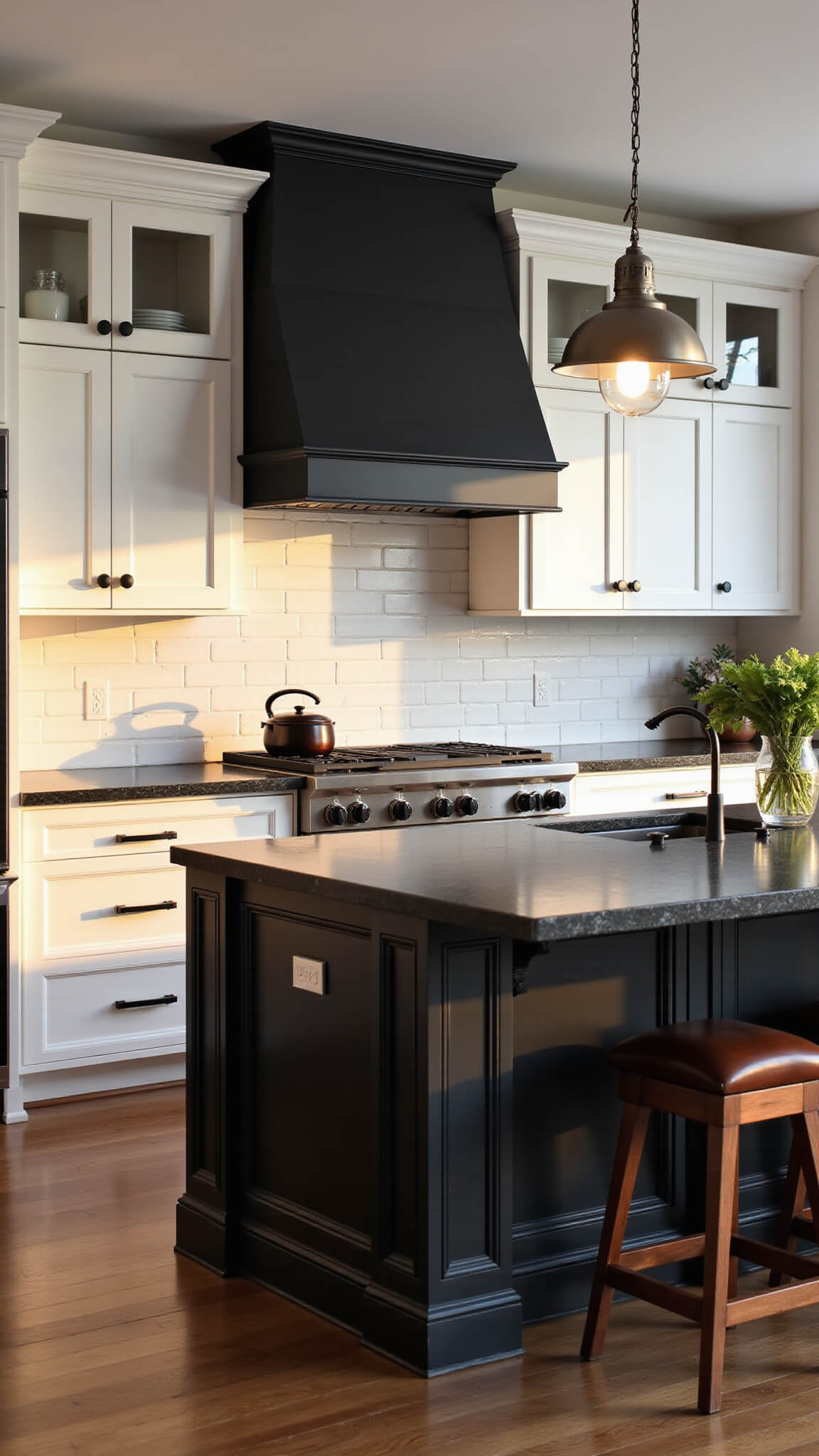 Modern gourmet kitchen with white shaker cabinets, black hardware, black granite island, and golden hour lighting highlighting textures.