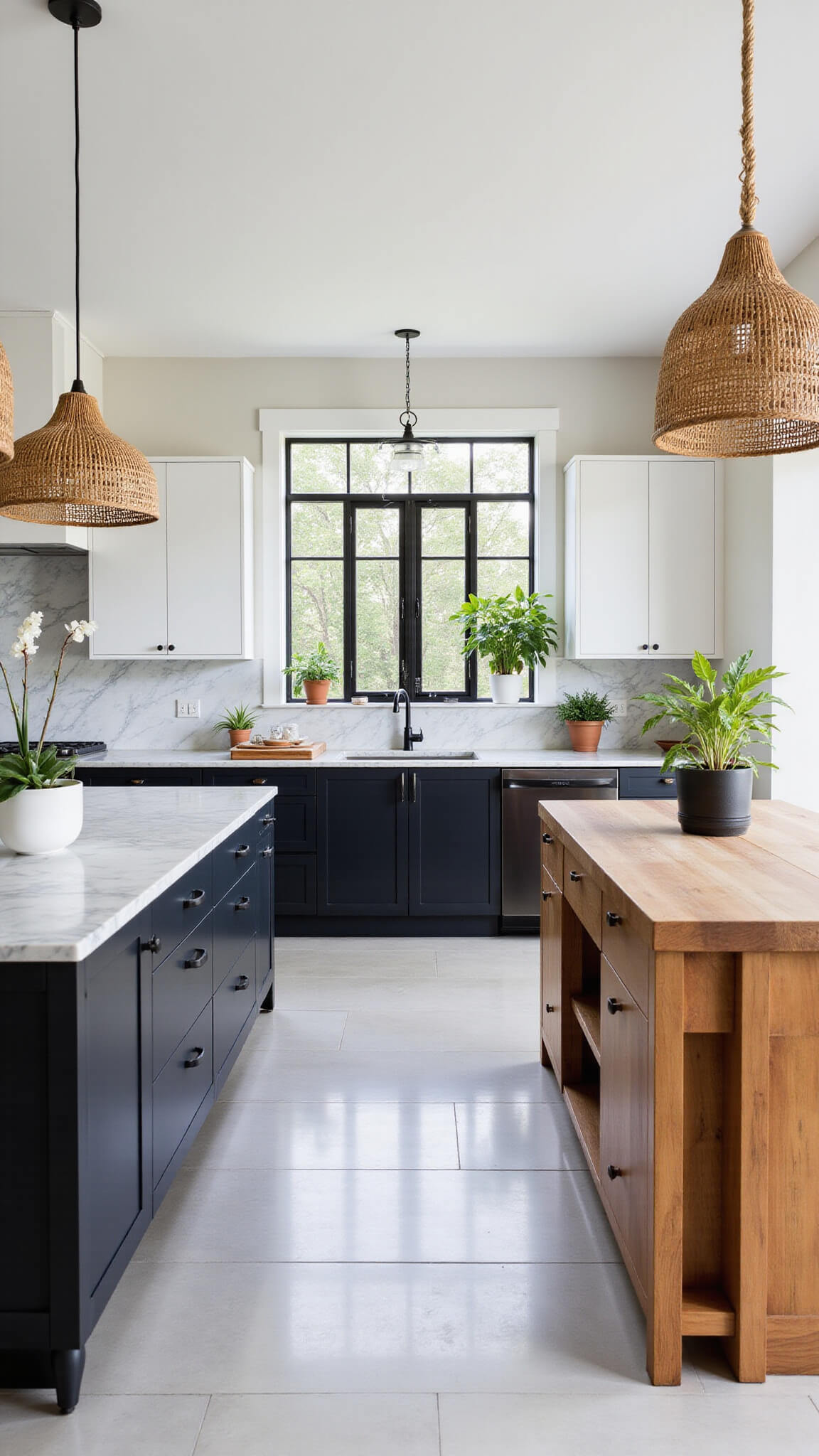 Open-concept organic modern kitchen with white upper cabinets, black lower cabinets, warm wood accents, large veined marble island, black metal windows, potted plants, natural fiber pendant lights, and butcher block station in bright midday light.
