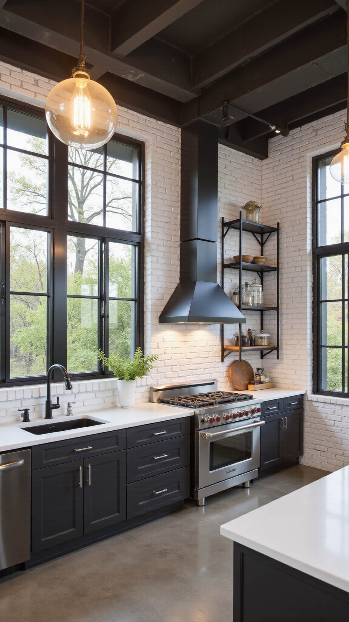 Industrial chic double-height kitchen with exposed black ductwork, white brick walls, stainless appliances, and Edison bulb chandelier lighting.
