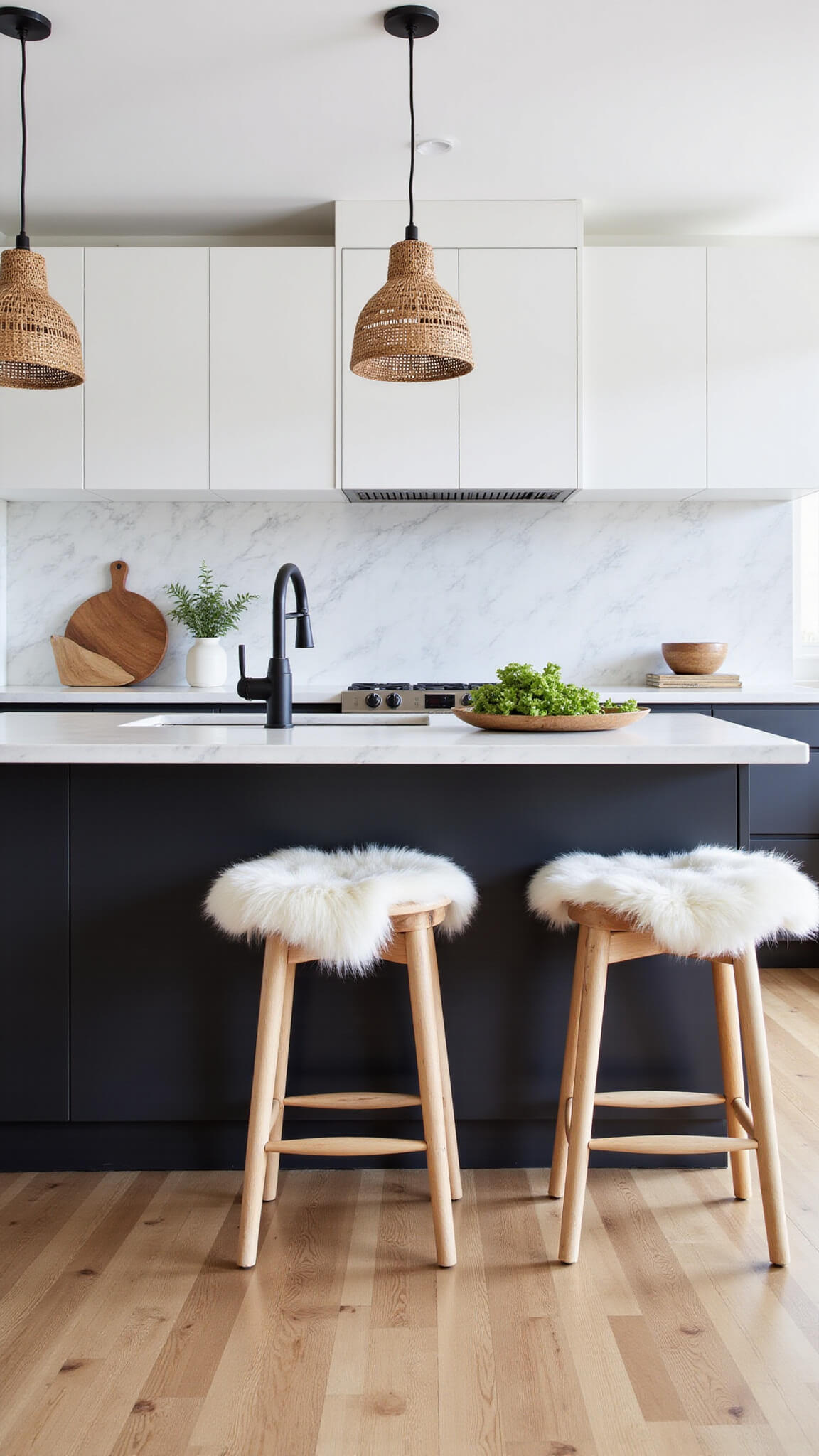 Scandinavian modern kitchen with white oak floors, black lower cabinets, white uppers, full marble backsplash, black faucet, woven pendant lights, sheepskin barstools, and soft morning light.
