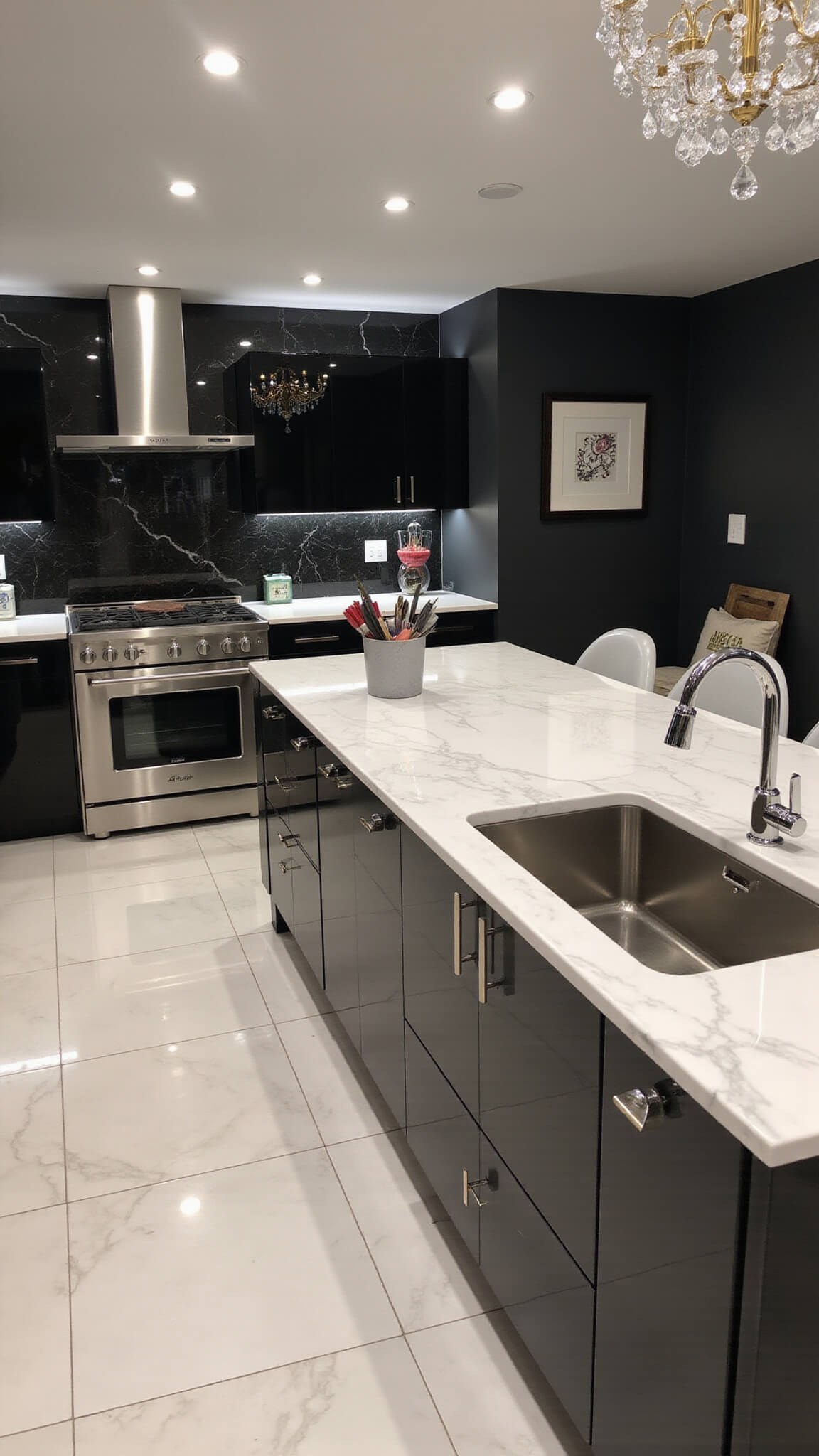 Luxurious contemporary kitchen with high-gloss black cabinets, white marble surfaces, chandelier over island, mirror-finish appliances, and under-cabinet LED lighting.