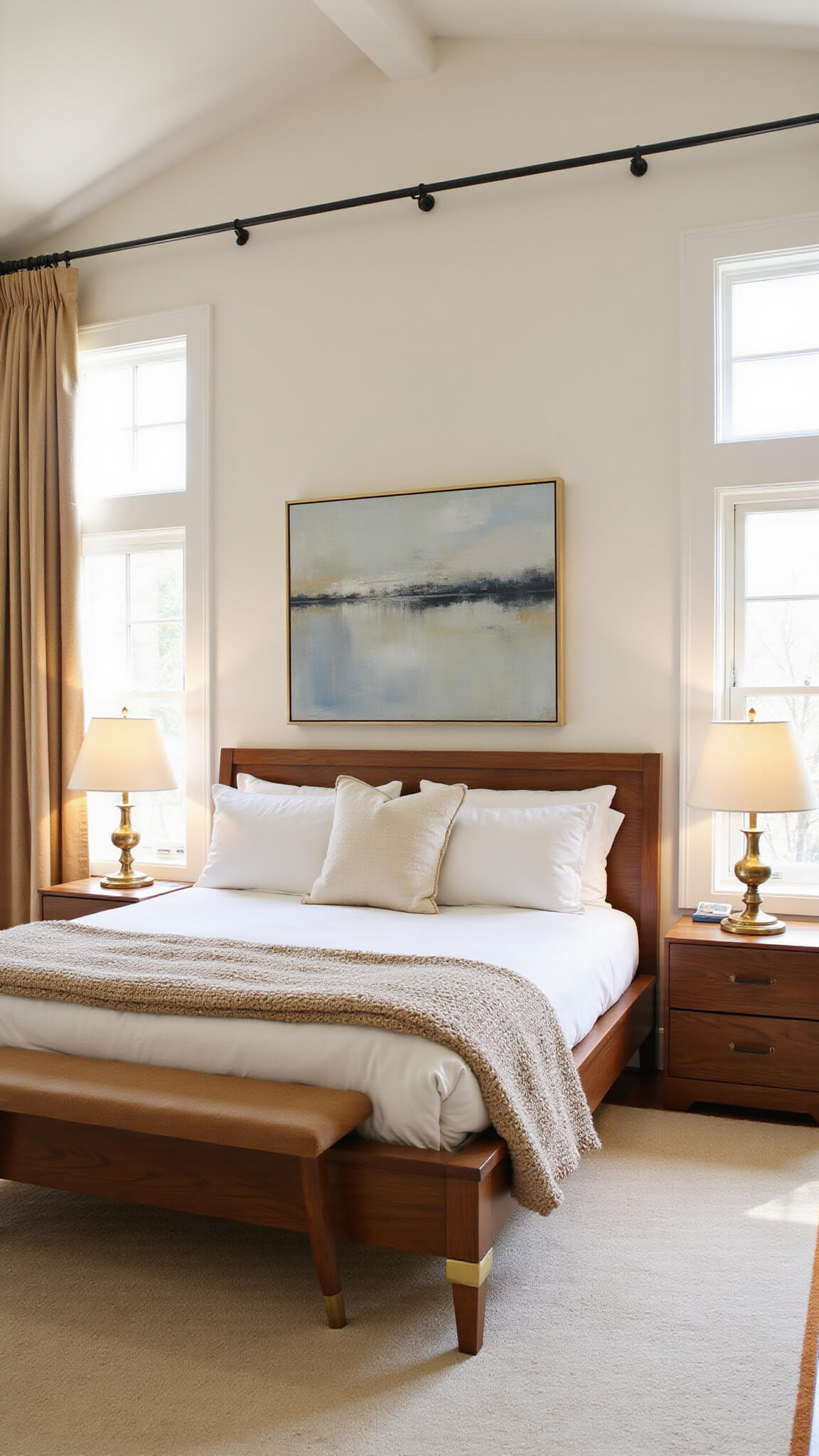 Serene master bedroom with walnut platform bed, brass-accented nightstands, cream wool rug, and golden hour light through floor-to-ceiling windows.