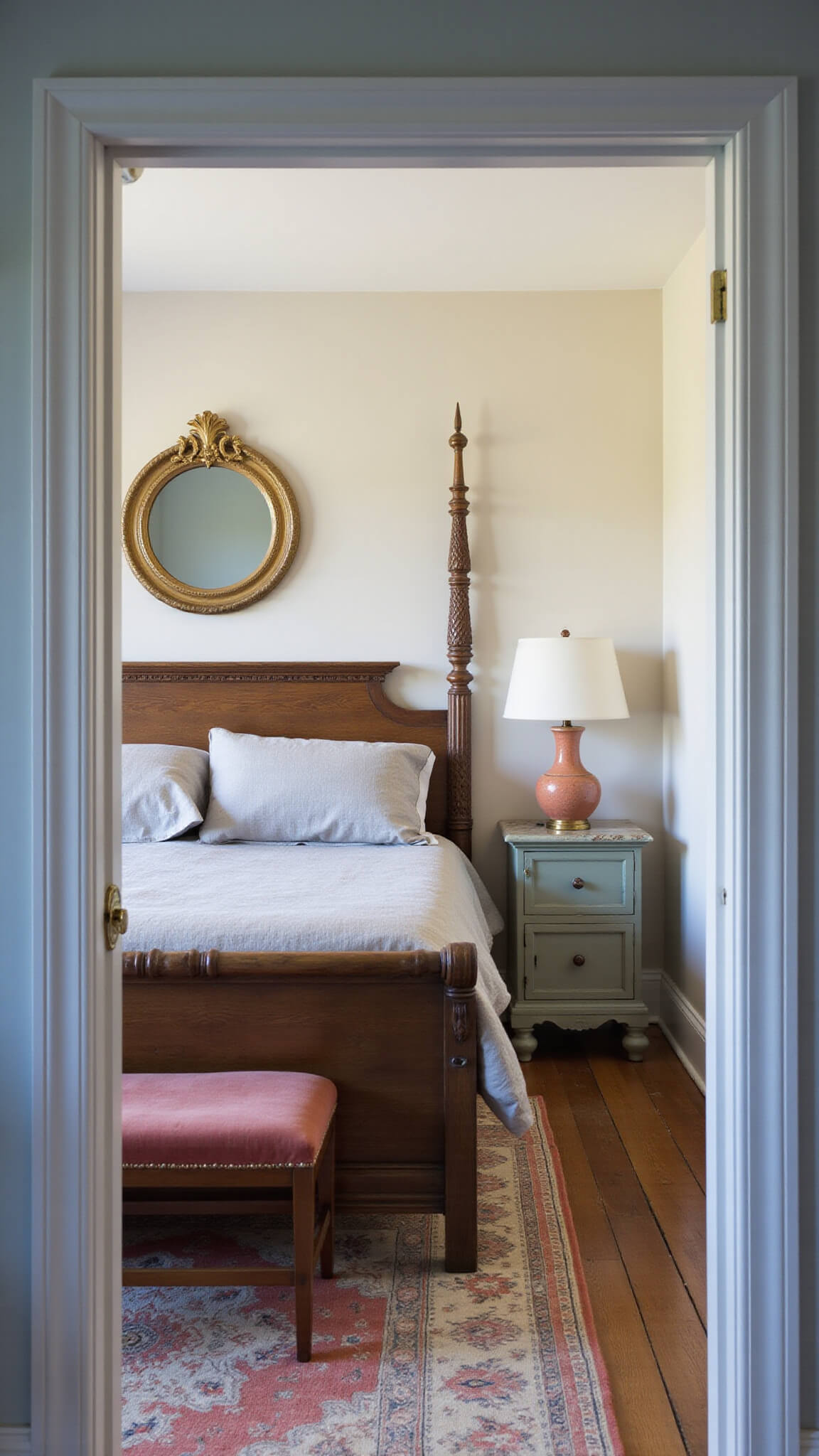 Cozy 12x14ft bedroom at blue hour with weathered oak spindle bed, mismatched vintage nightstands, velvet bench, dove grey linen bedding, and a muted coral Persian rug.