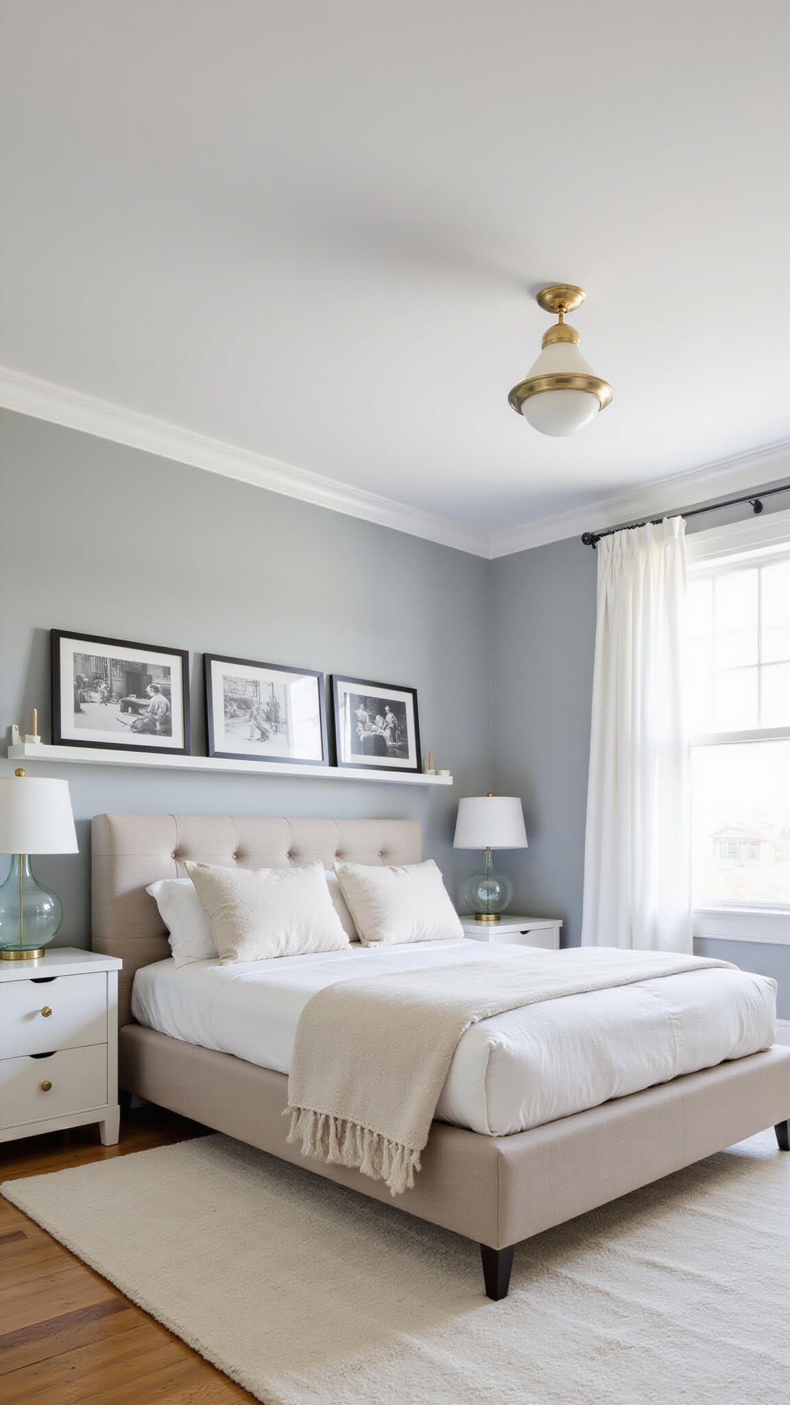 Bright corner bedroom with high ceilings, modern linen bed, soft grey walls, matching nightstands, glass lamps, floating shelves with black-and-white photos, ivory rug, sheer curtains, and brass accents.