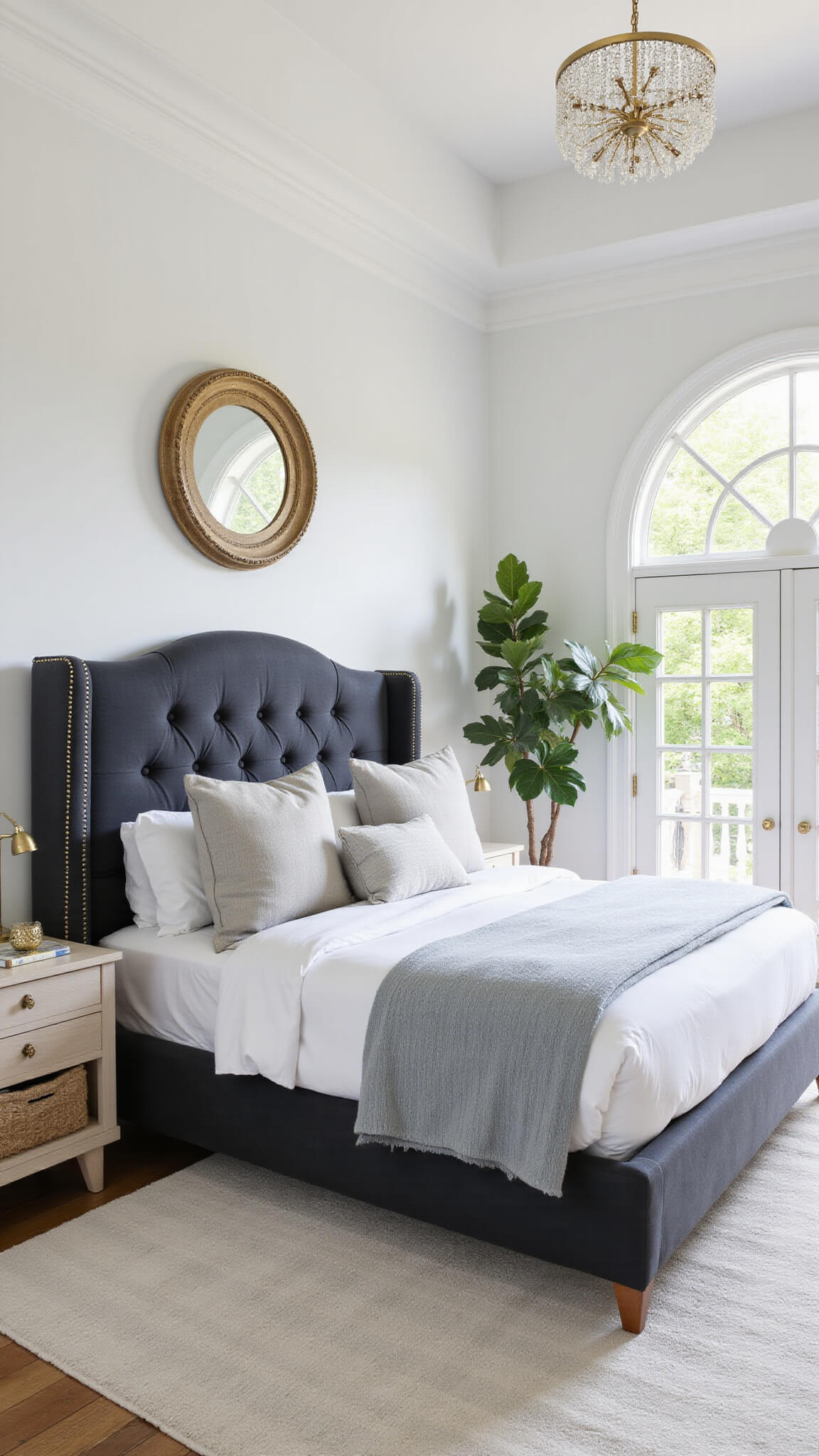 Elegant 15x18ft primary suite with tray ceiling, French doors to juliet balcony, charcoal tufted bed, bleached oak nightstands, layered bedding in white, grey, and pale blue, brass mirror, fiddle leaf fig, and crystal chandelier.
